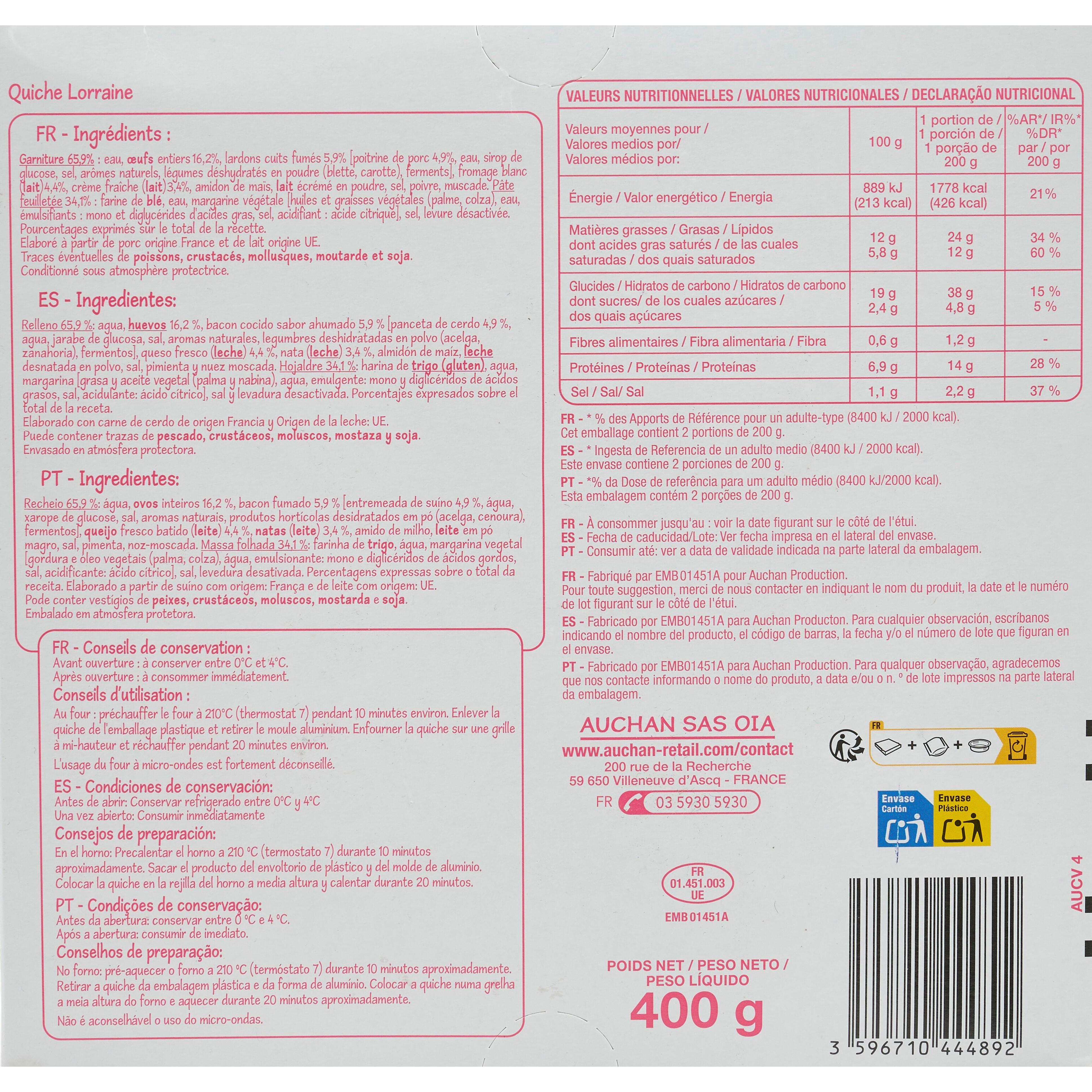 Voir la diapositive 3 : POUCE Quiche Lorraine 2 parts 400g