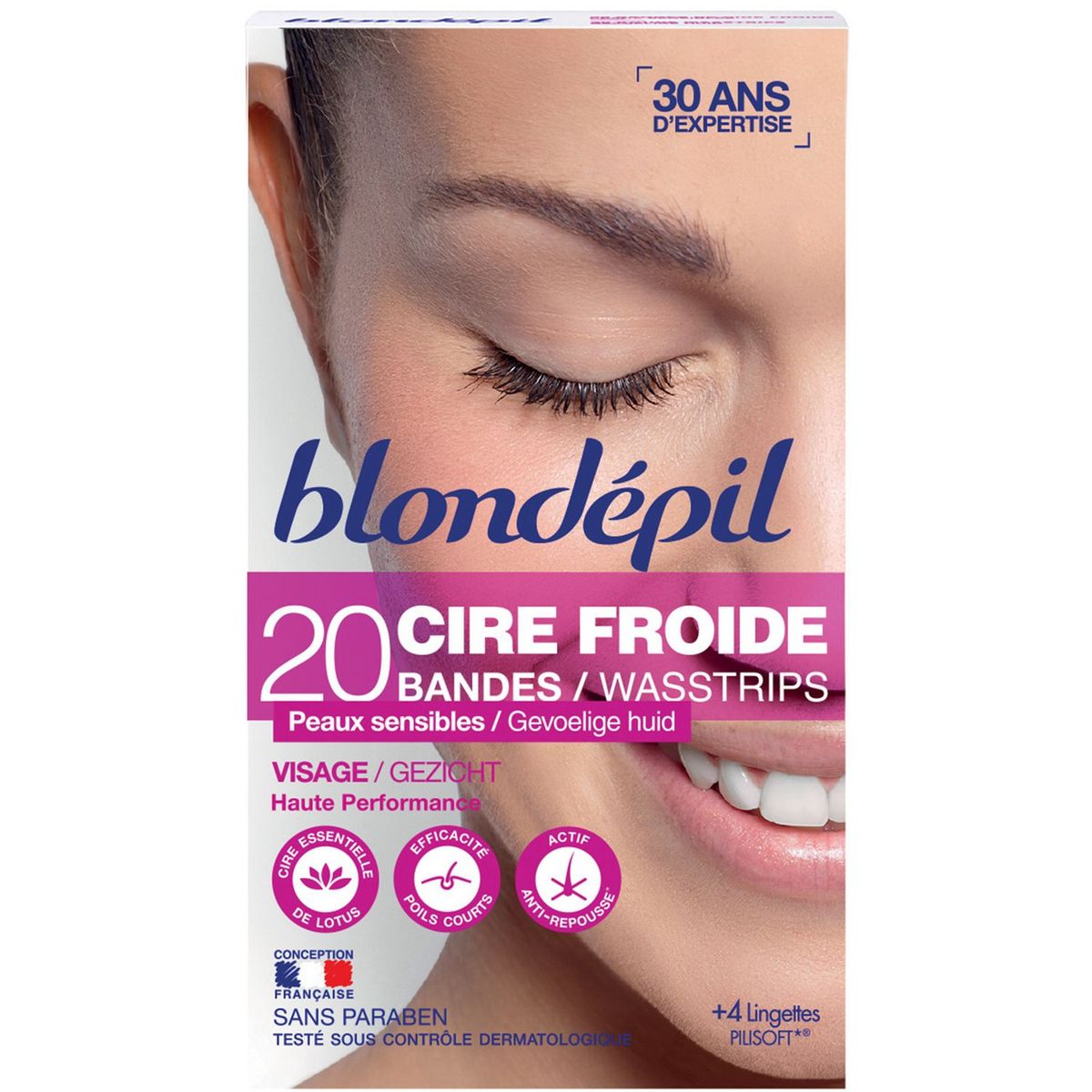 BLONDEPIL Bandes de cire froide visage avec lingettes 4 lingettes 20 bandes + 4 lingettes