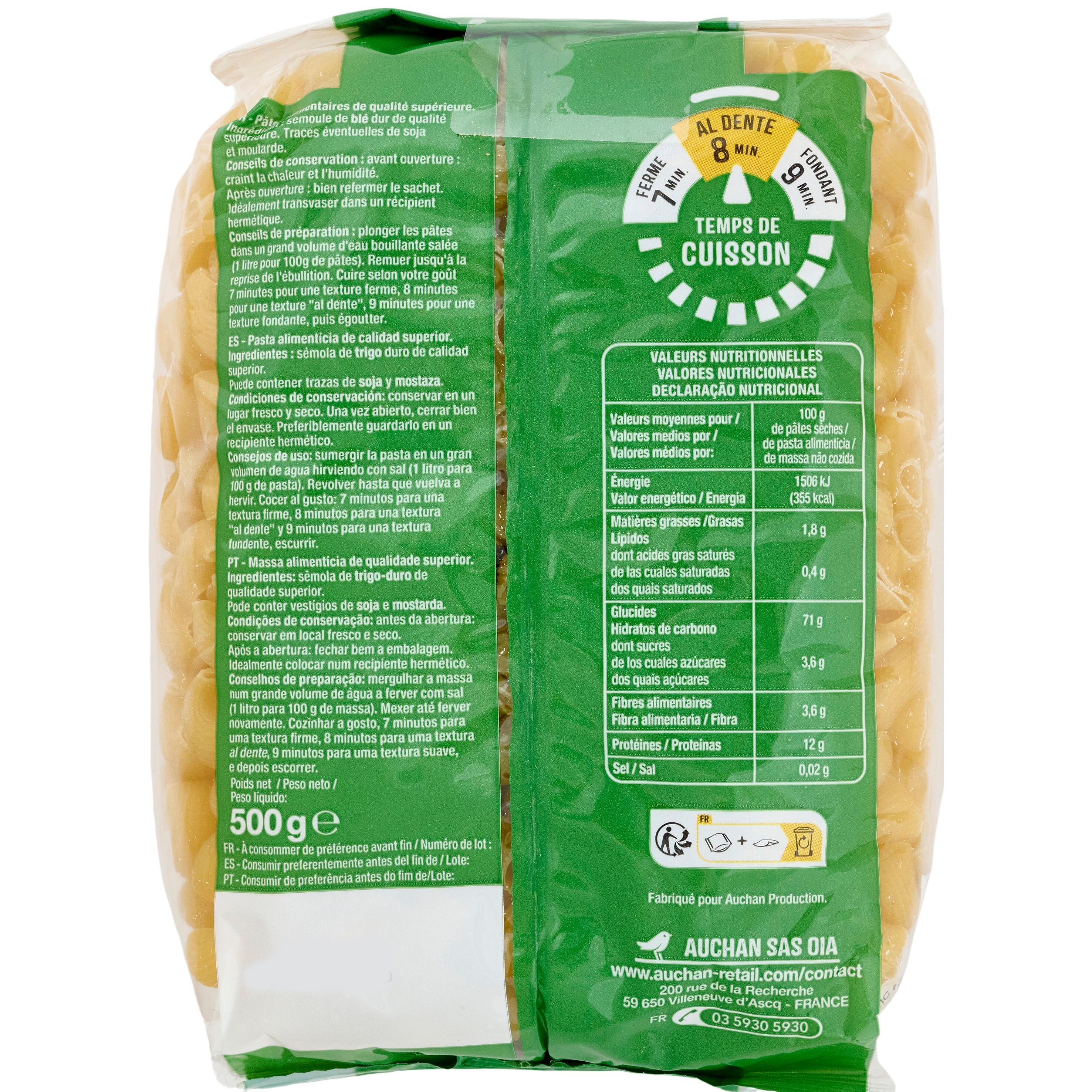 Voir la diapositive 2 : AUCHAN Pipe Rigate Coudes rayés 500g