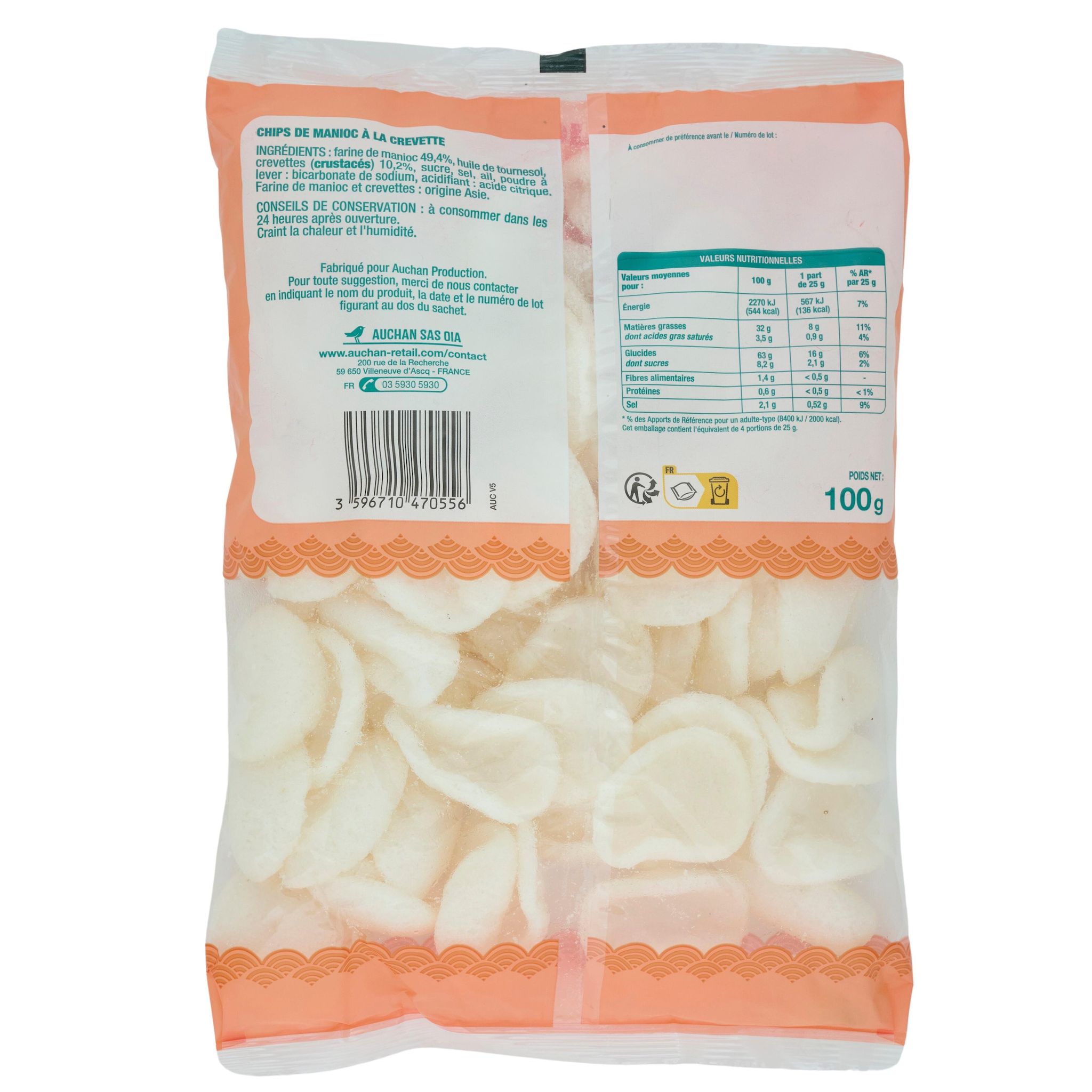 Voir la diapositive 2 : AUCHAN Chips de crevettes 4 portions 100g