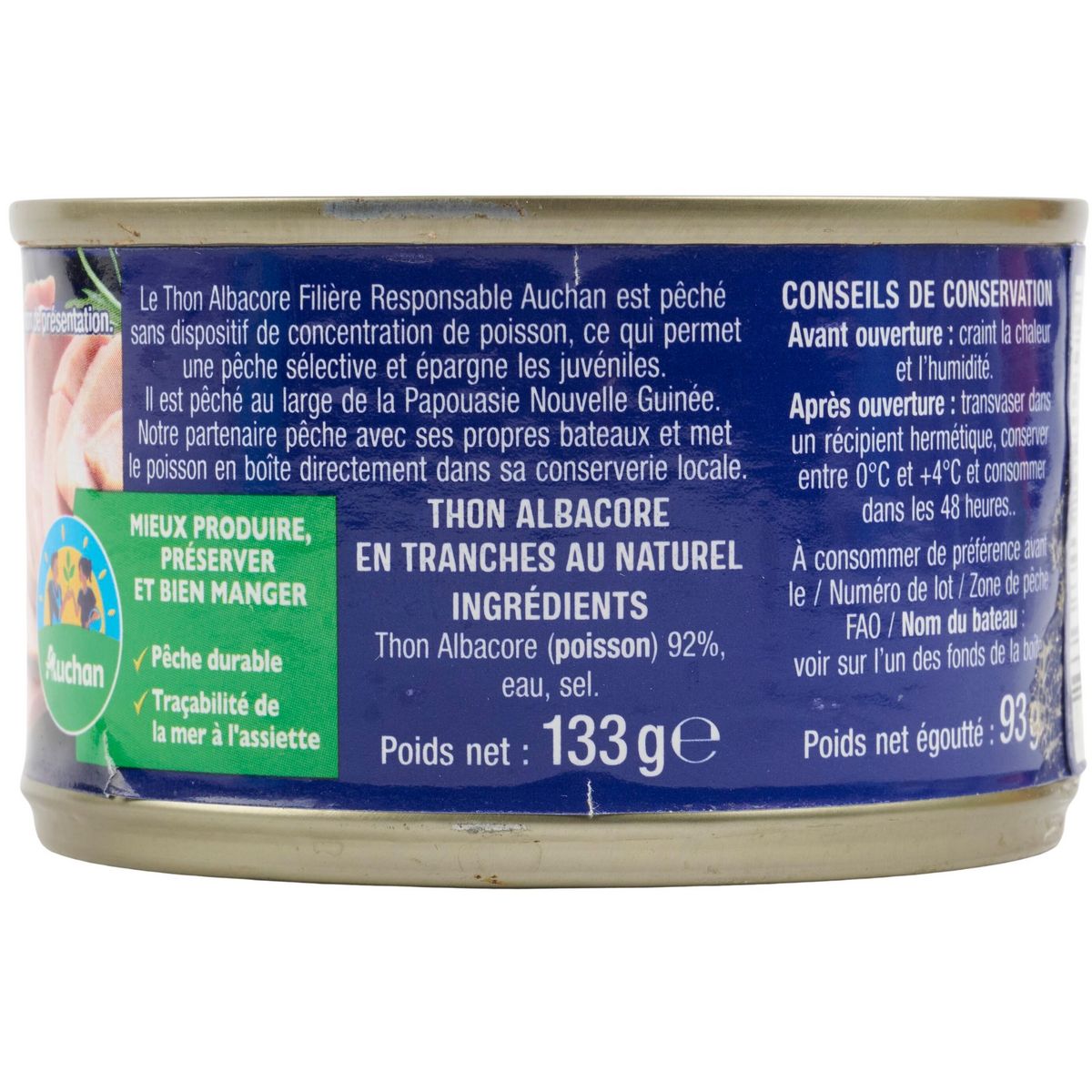 AUCHAN CULTIVONS LE BON thon albacore en tranches au naturel 93g