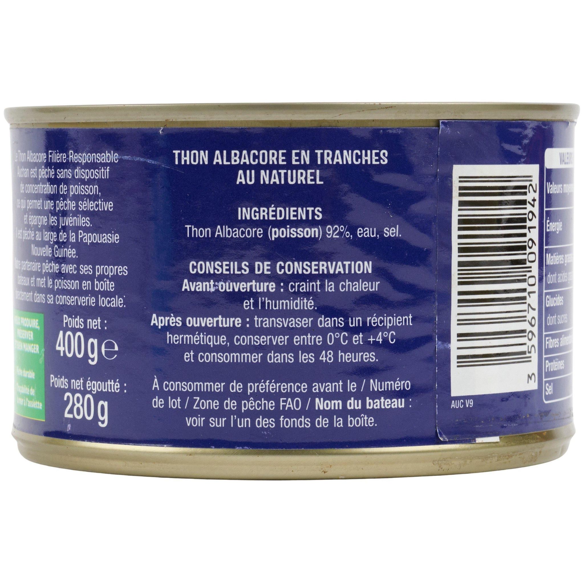 Voir la diapositive 2 : AUCHAN CULTIVONS LE BON thon albacore en tranches au naturel 280g