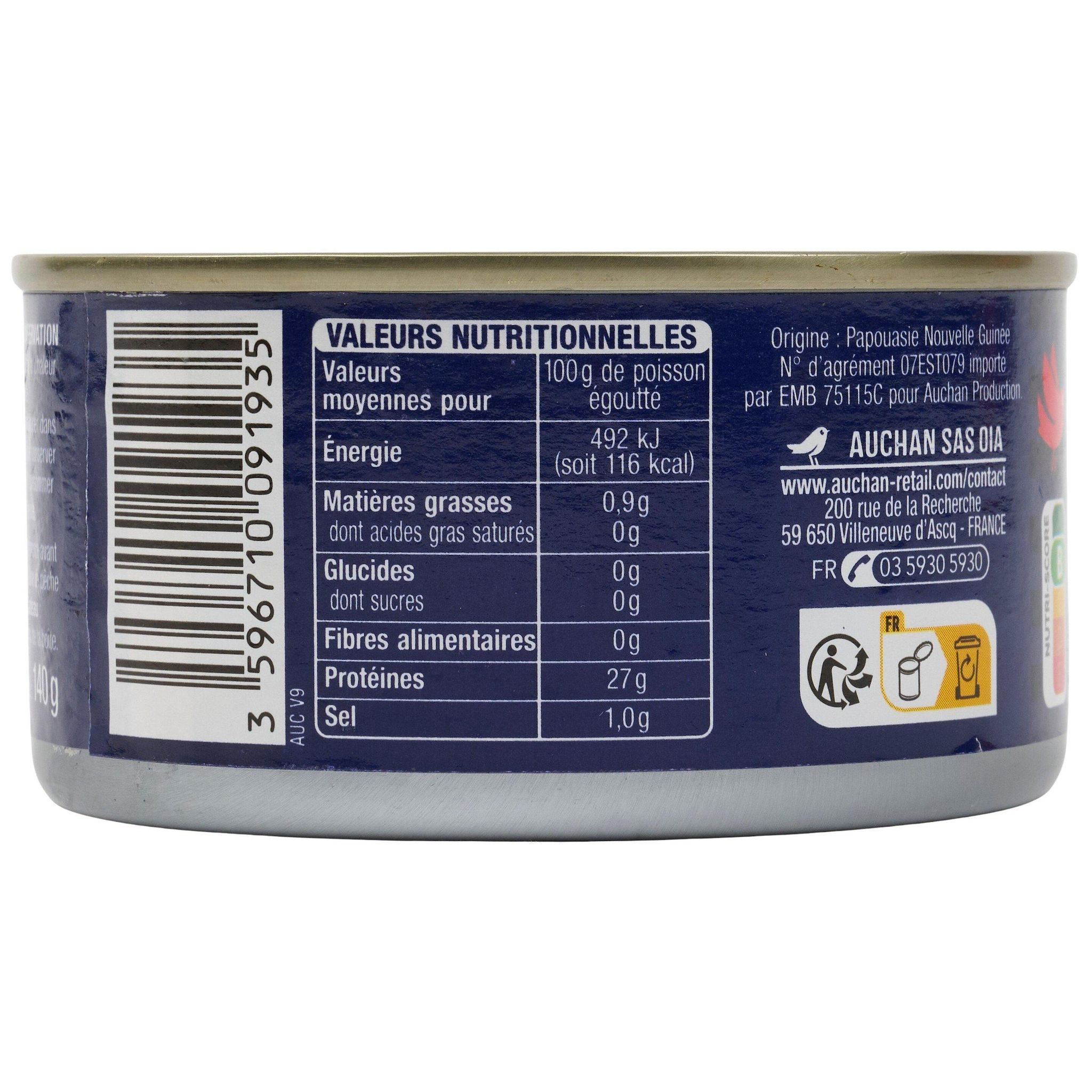 Voir la diapositive 2 : AUCHAN CULTIVONS LE BON thon albacore en tranches au naturel 140g