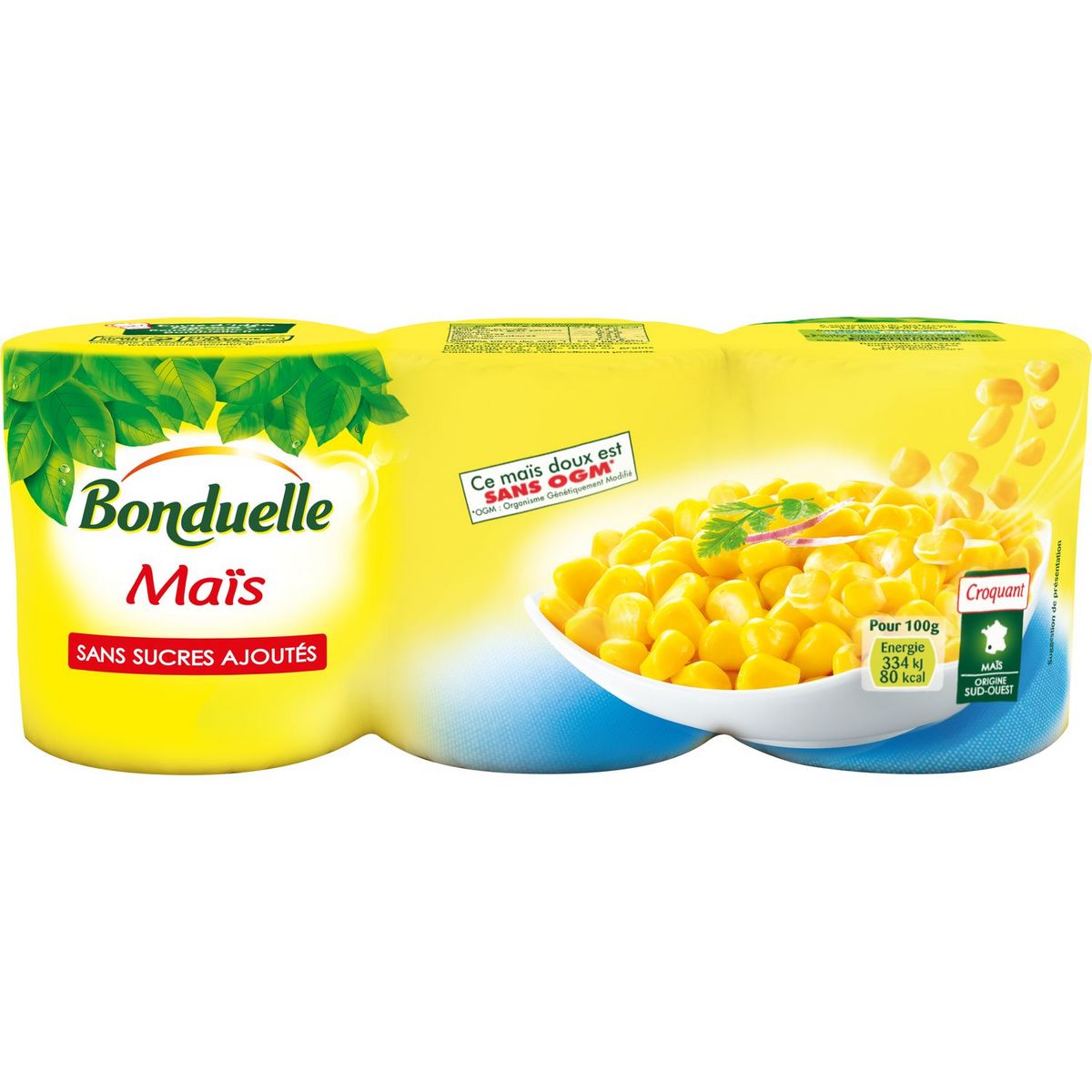 BONDUELLE Maïs croquant sans sucres ajoutés sans OGM, Origine sud-ouest 3x140g