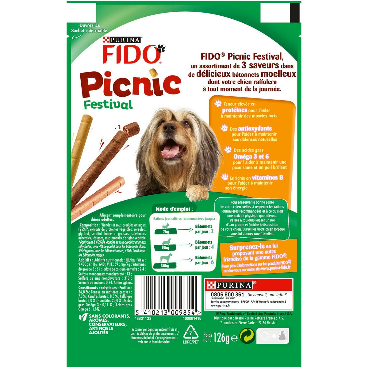 FIDO Friandises picnic boeuf poulet agneau pour chien 15 sticks 126g