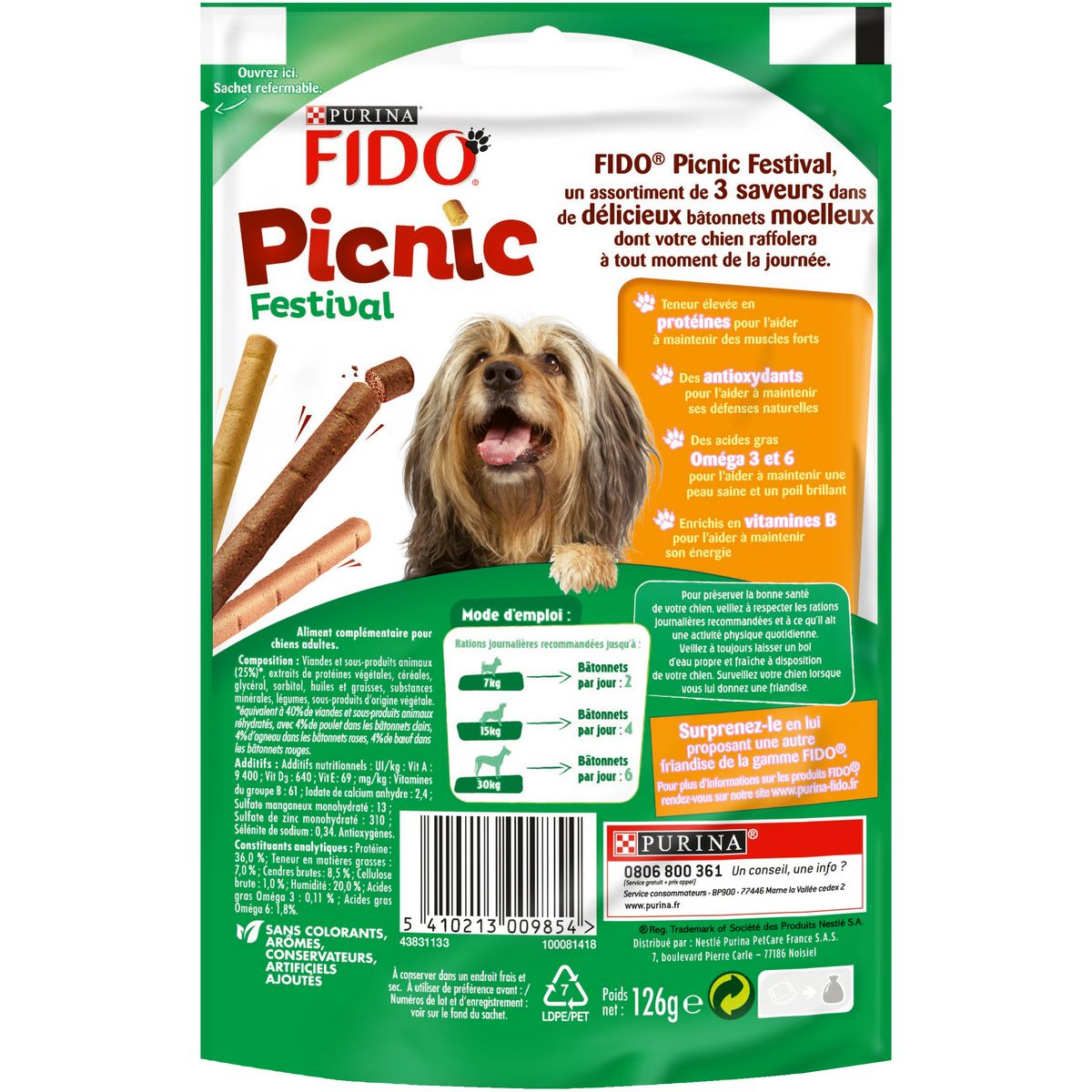 FIDO Friandises picnic boeuf poulet agneau pour chien 15 sticks 126g