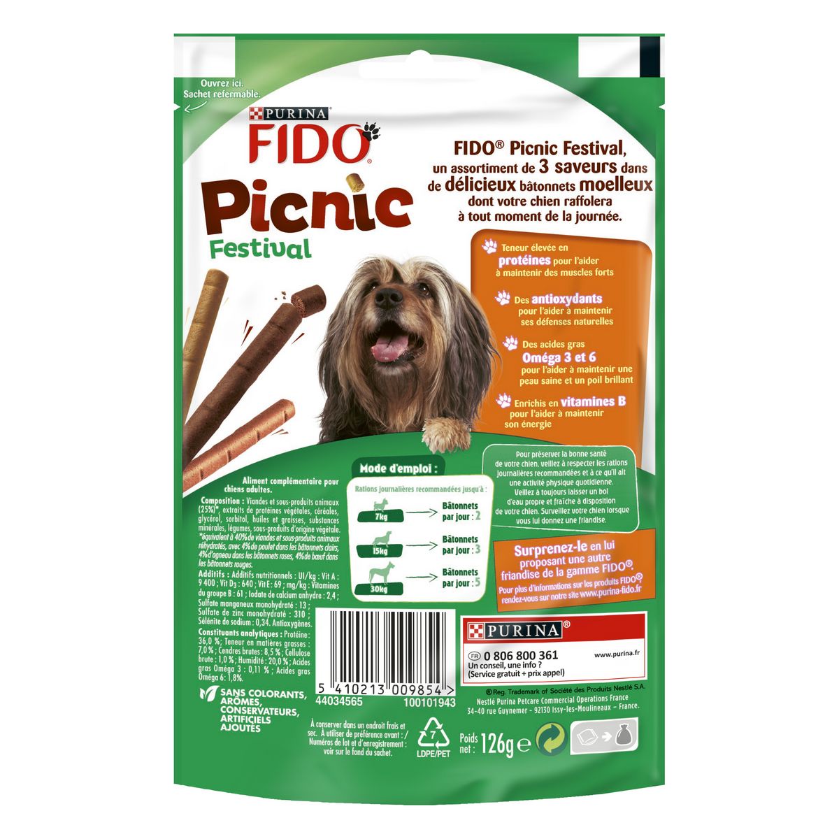 FIDO Friandises picnic boeuf poulet agneau pour chien 15 sticks 126g