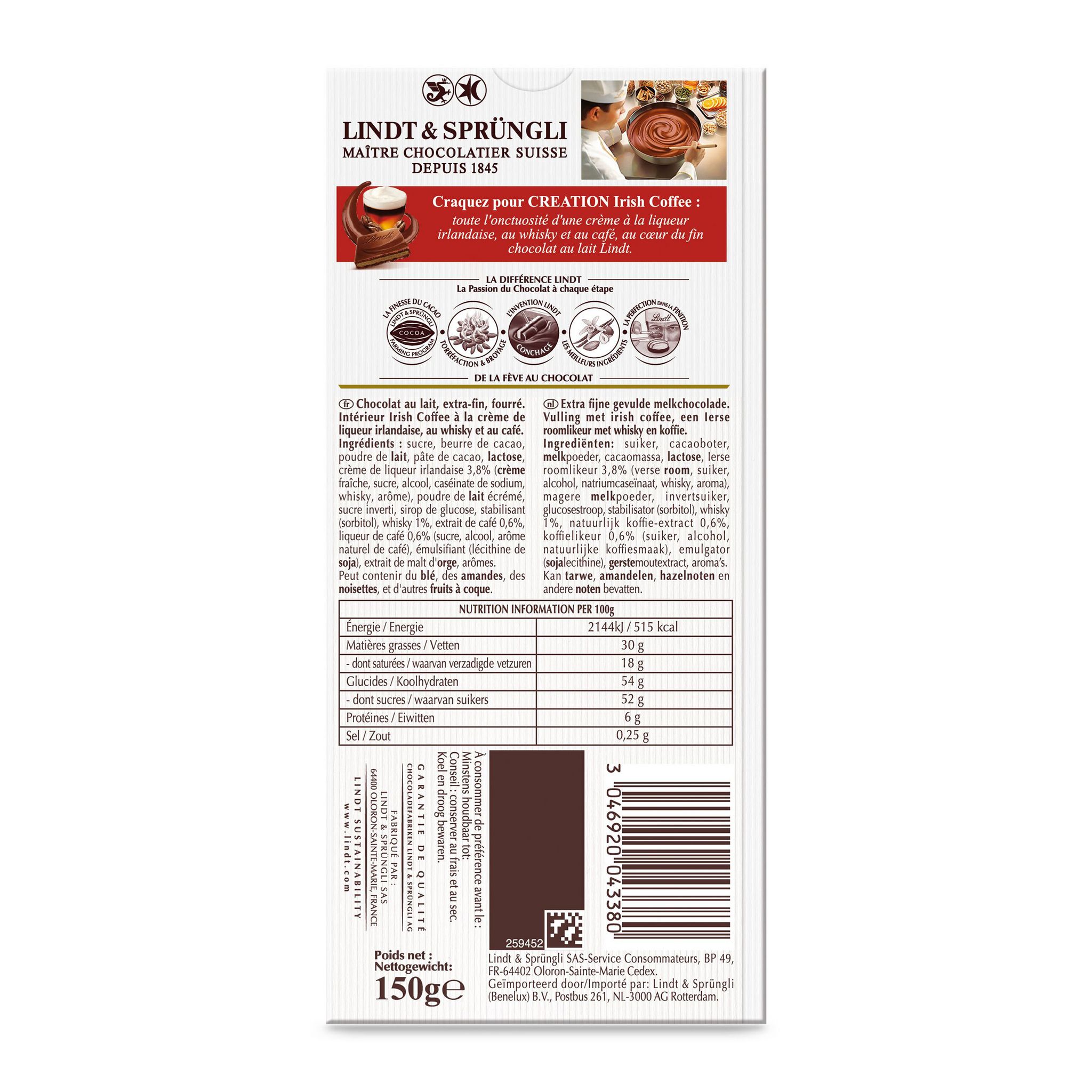 Voir la diapositive 2 : LINDT Création Tablette de chocolat au lait Irish Coffee 1 pièce 150g