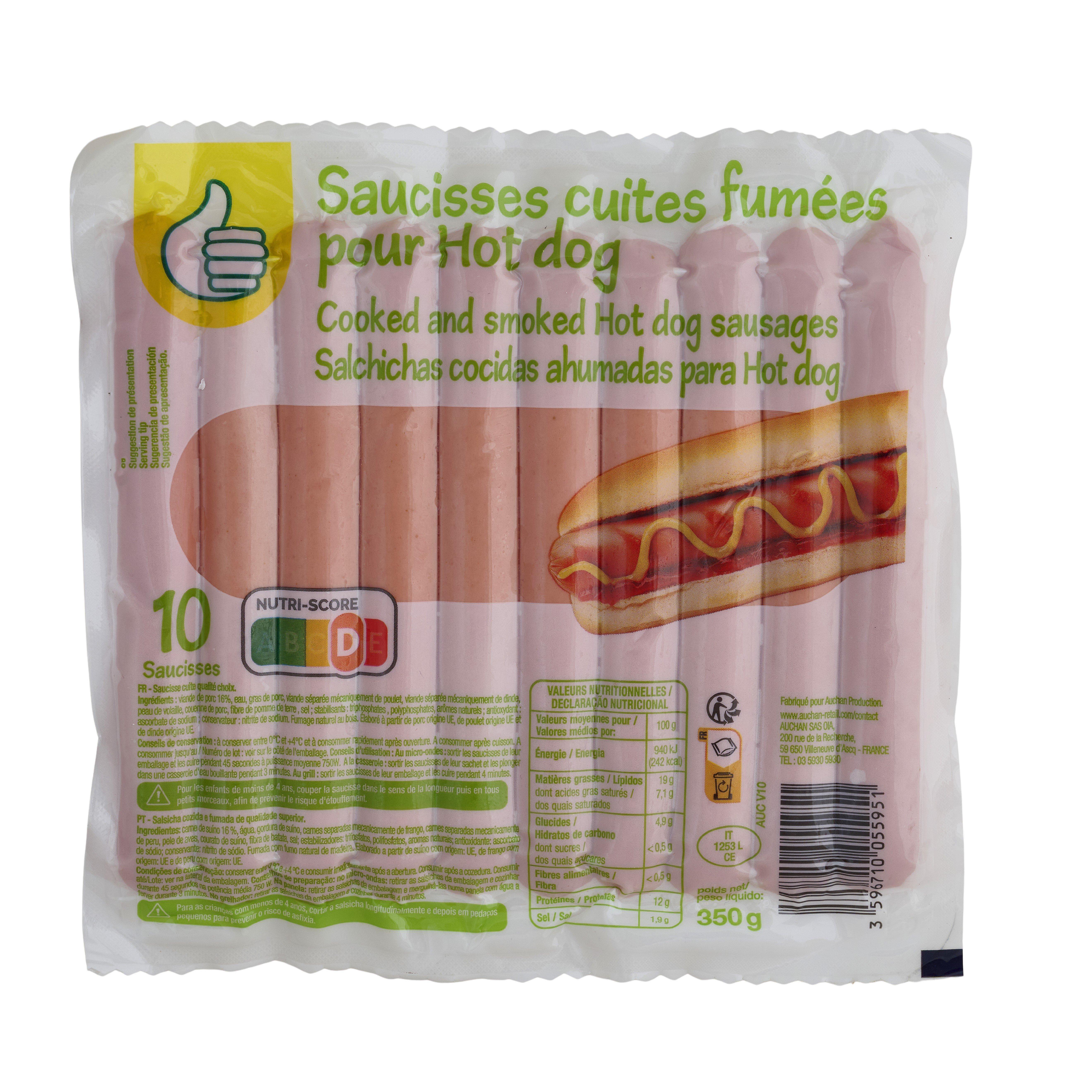Voir la diapositive 2 : POUCE Saucisses cuites fumées pour hot dog 10 pièces 350g