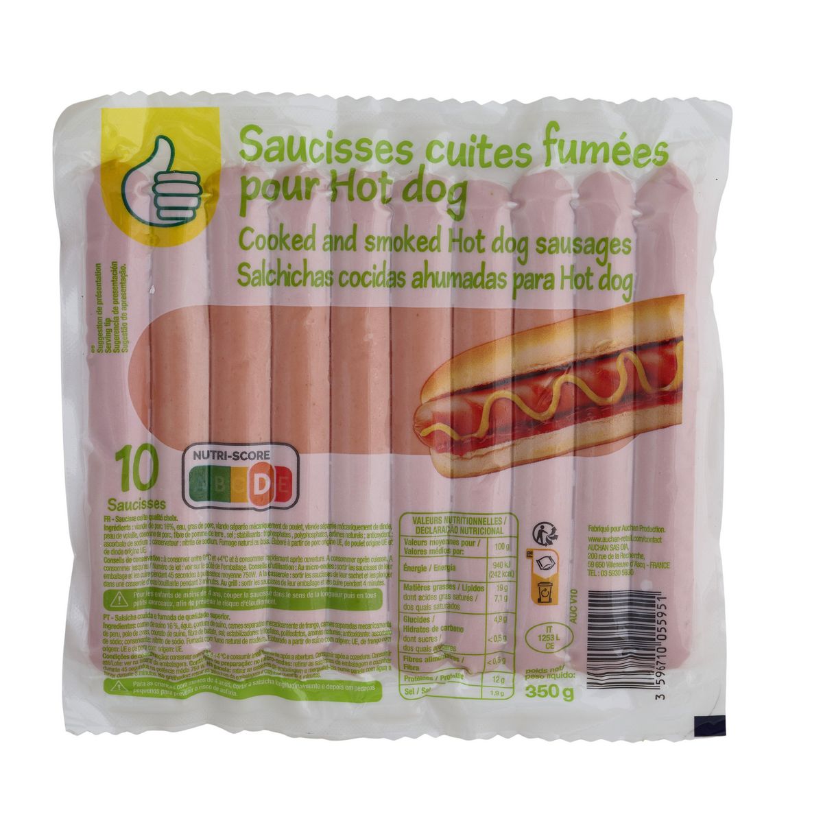 POUCE Saucisses cuites fumées pour hot dog 10 pièces 350g