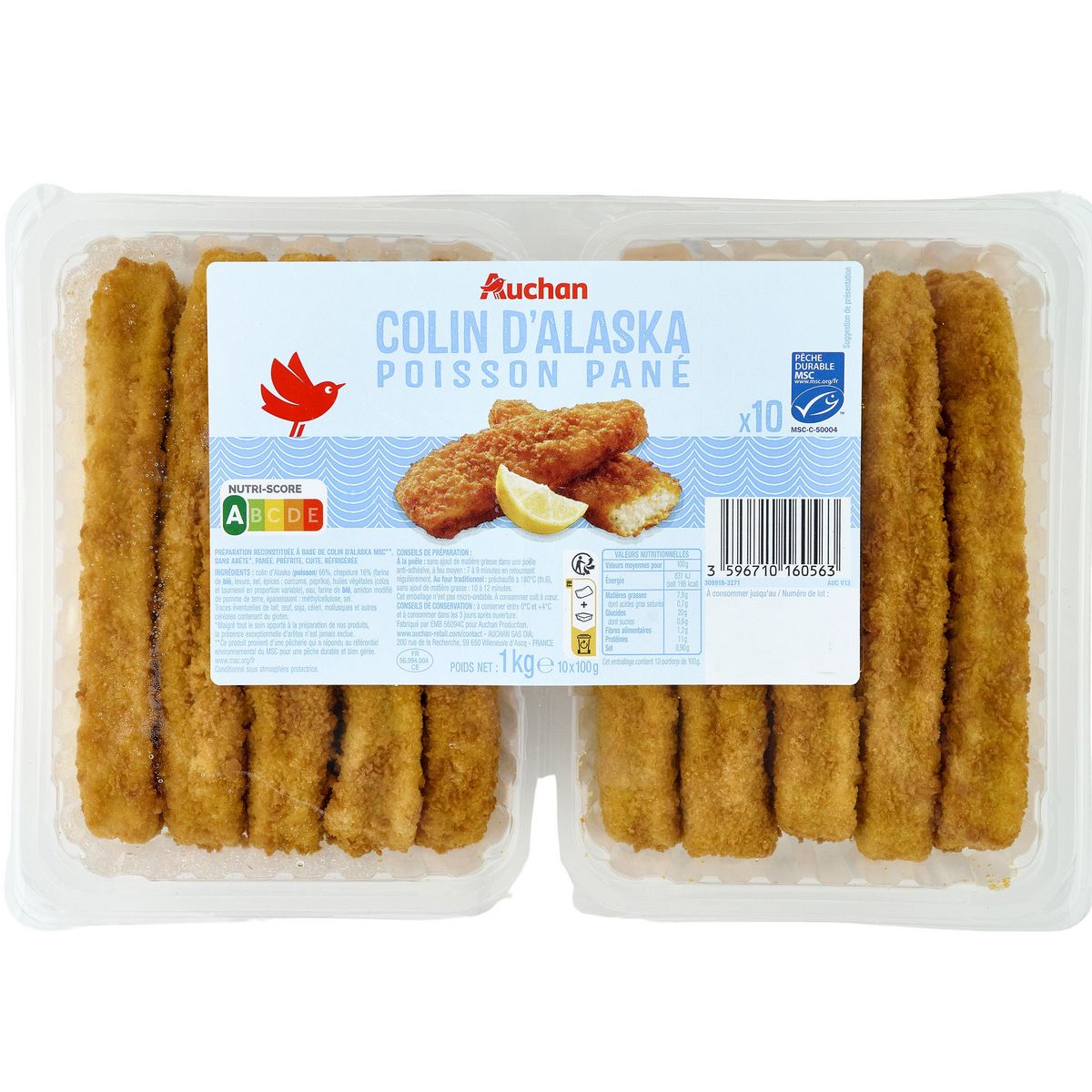 AUCHAN Panés de colin d'Alaska MSC 10 pièces 1kg