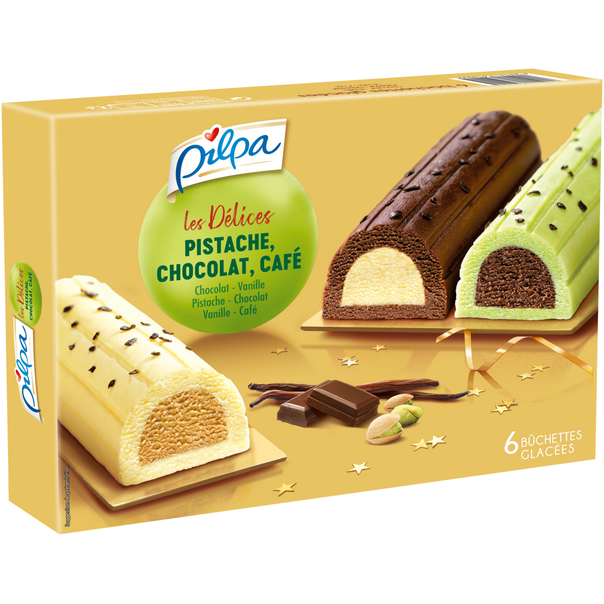 PILPA Bûchette glacée délice de pistache chocolat et café 6 pièces 348g