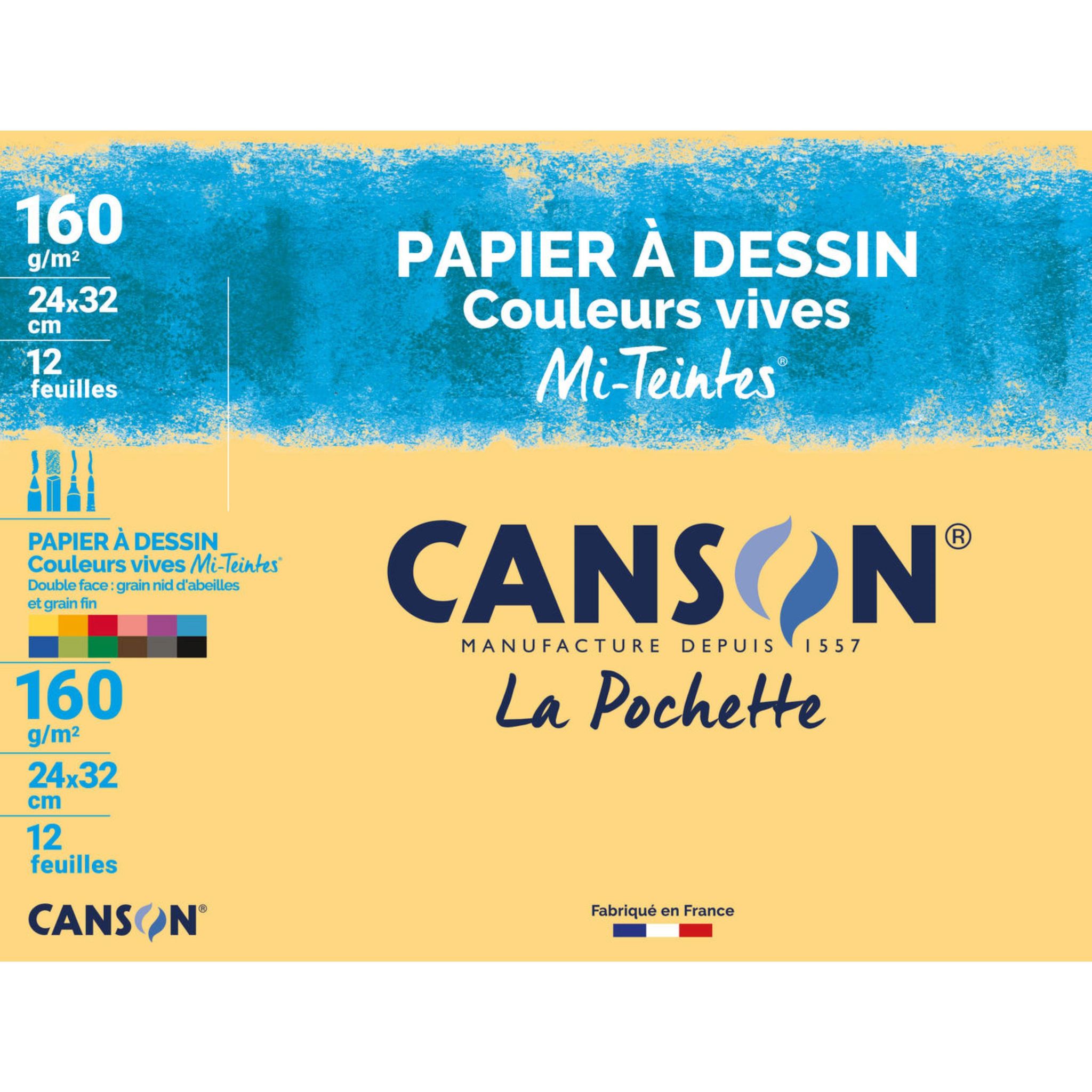 CANSON Pochette papier à dessin couleur mi teintes vives 12 feuilles 24x32 cm 160g