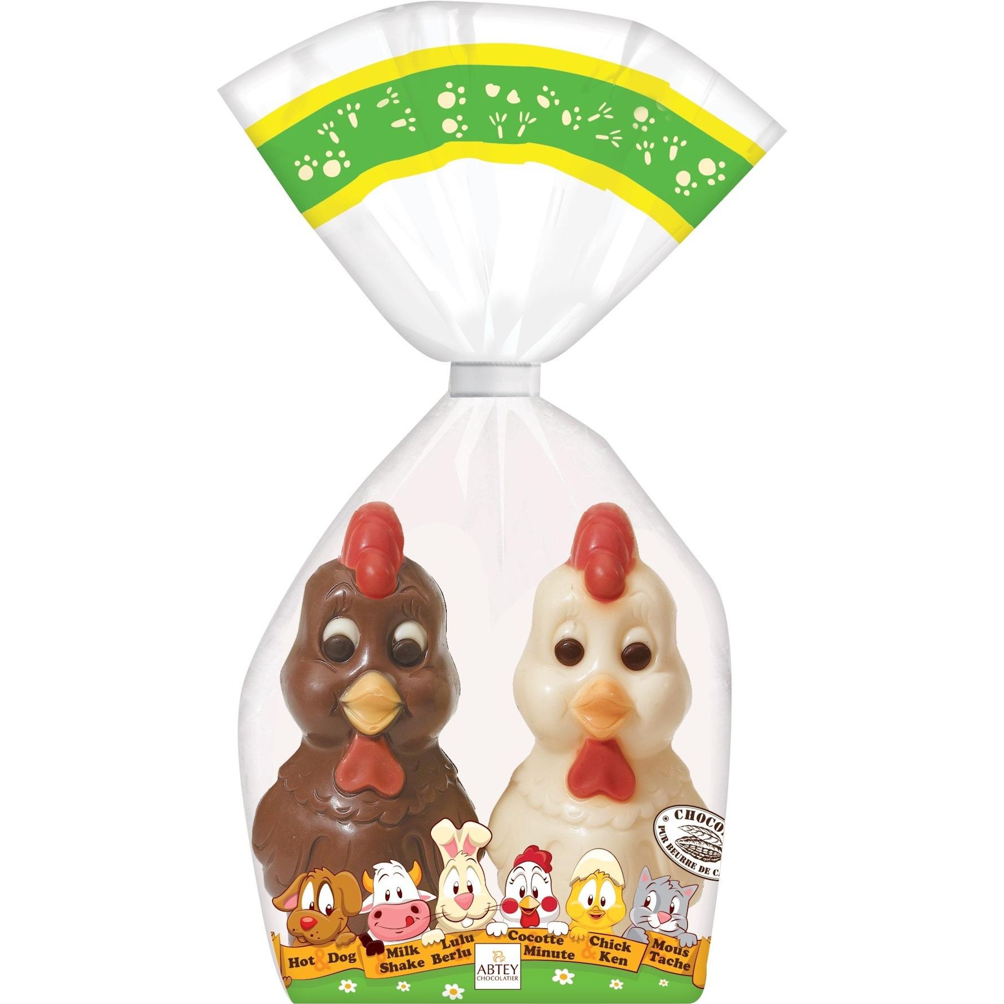 ABTEY Poule cocotte et minute en chocolat au lait et blanc avec du caramel décoré 140g