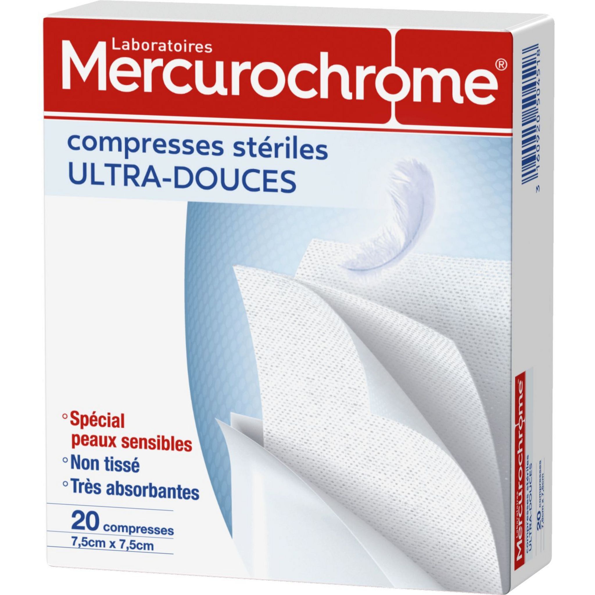 Voir la diapositive 2 : MERCUROCHROME Compresses stériles ultra douces 7.5cm x 7.5cm 20 compresses