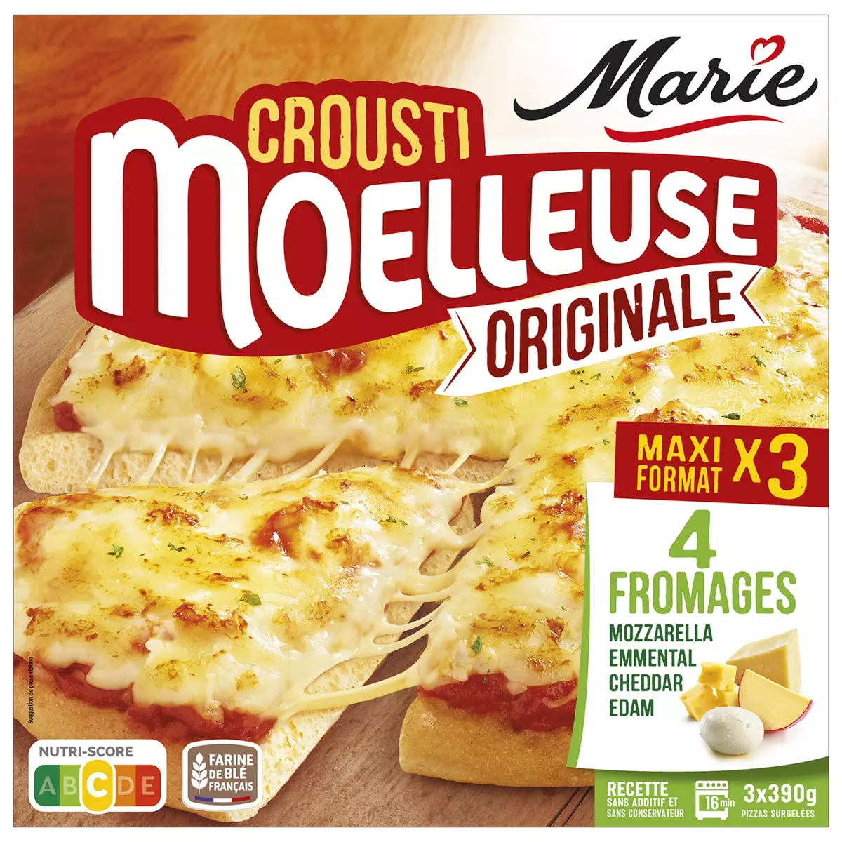 MARIE Pizza croustimoelleuse 3 fromages 3 pièces 1,17kg