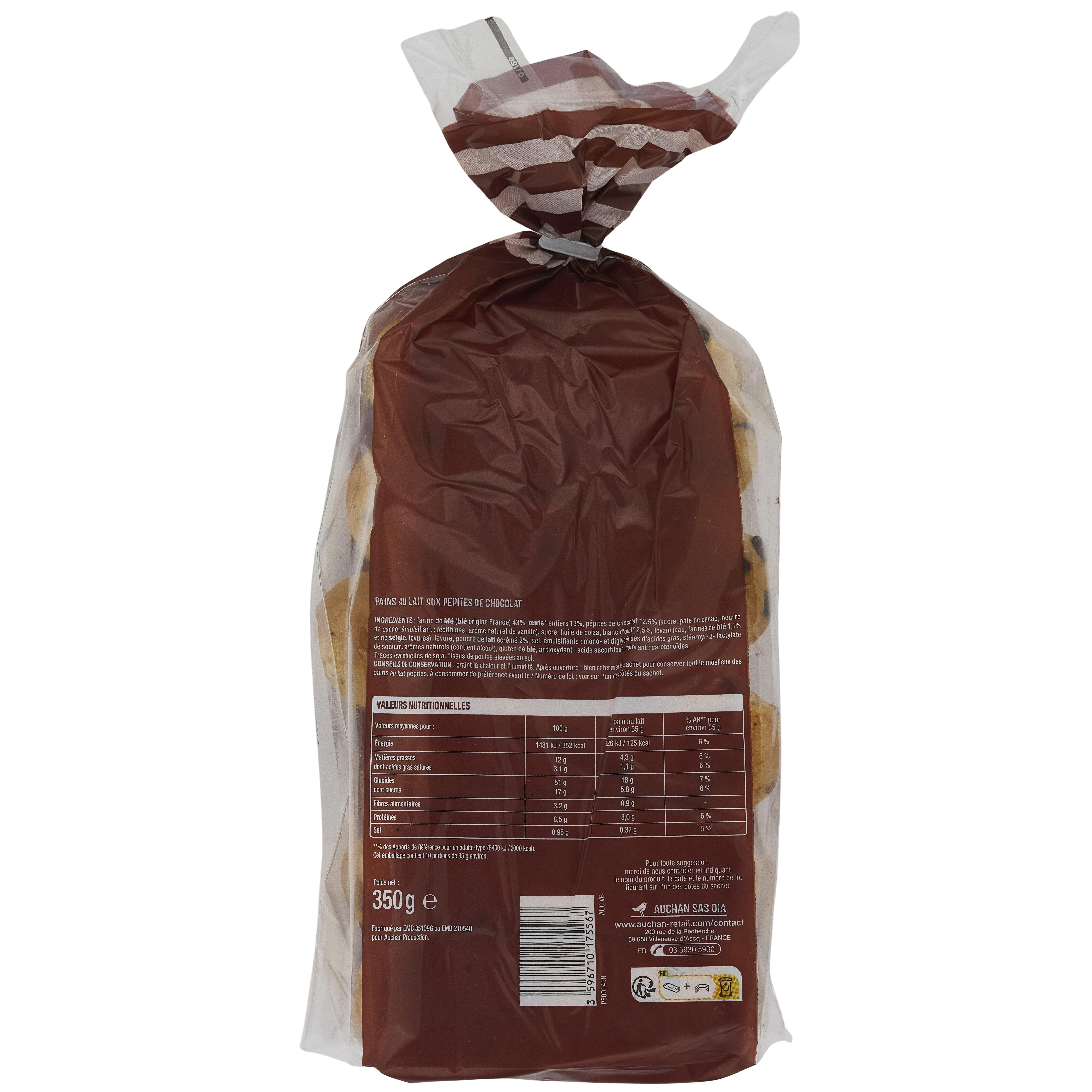 Voir la diapositive 2 : AUCHAN Pains au lait aux pépites de chocolat 10 pièces 350g