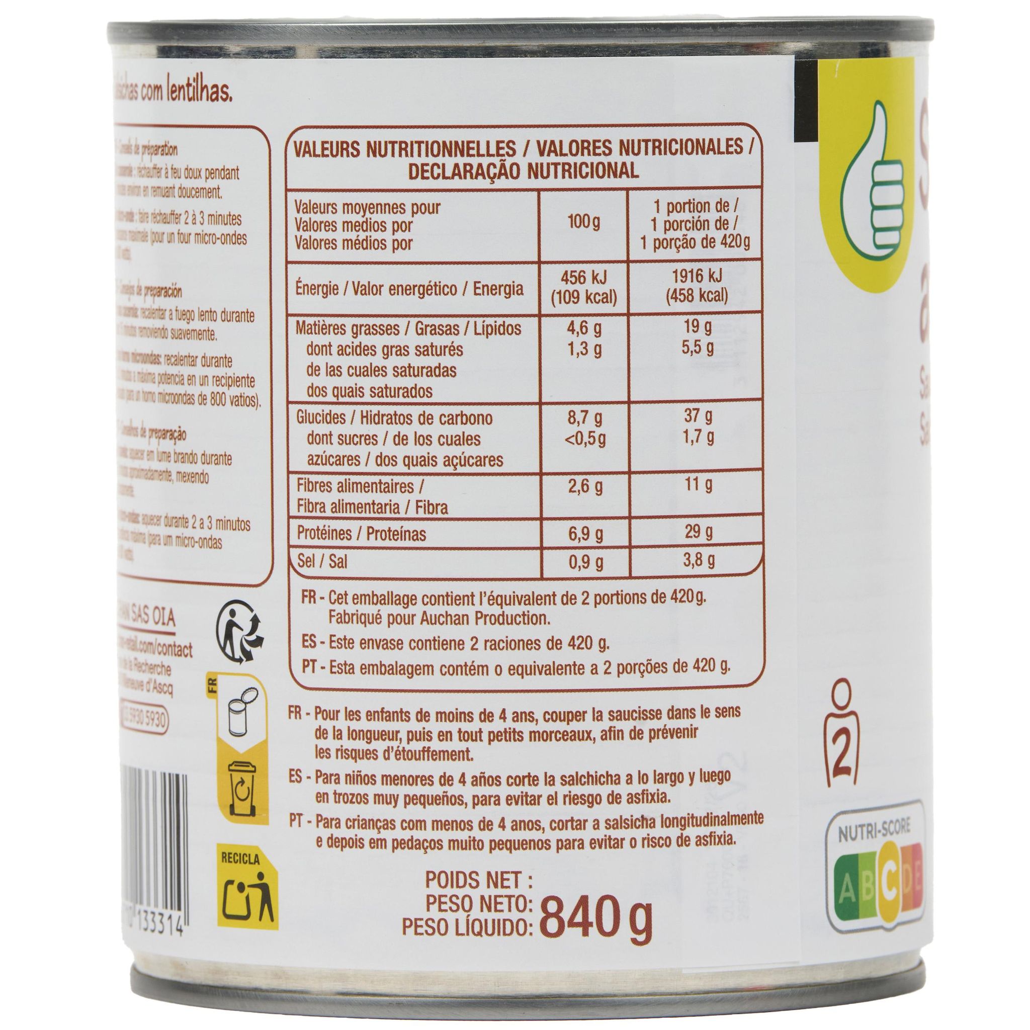 Voir la diapositive 4 : POUCE Saucisses aux lentilles 2 personnes 840g