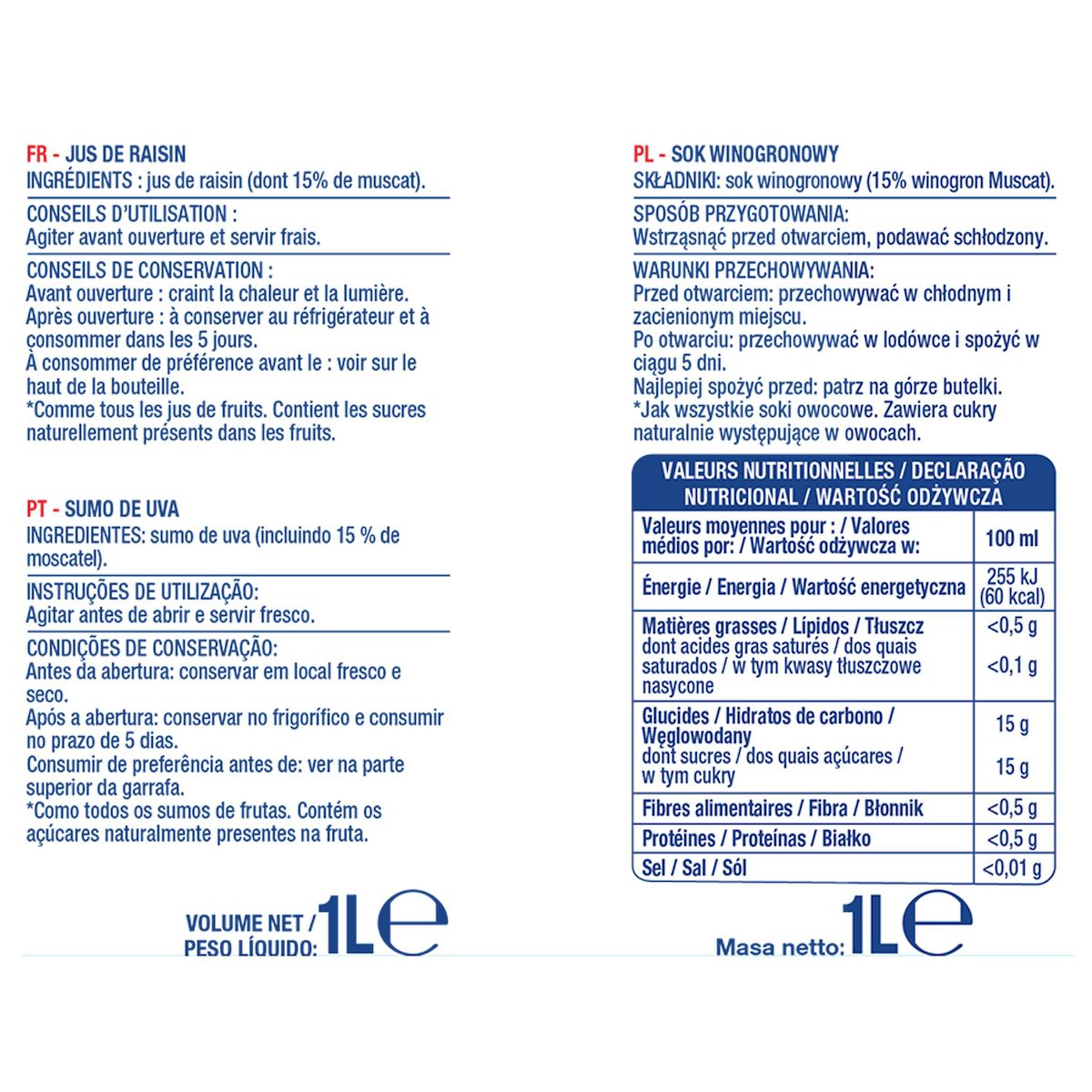 AUCHAN Pur jus de raisin noir muscat 1l