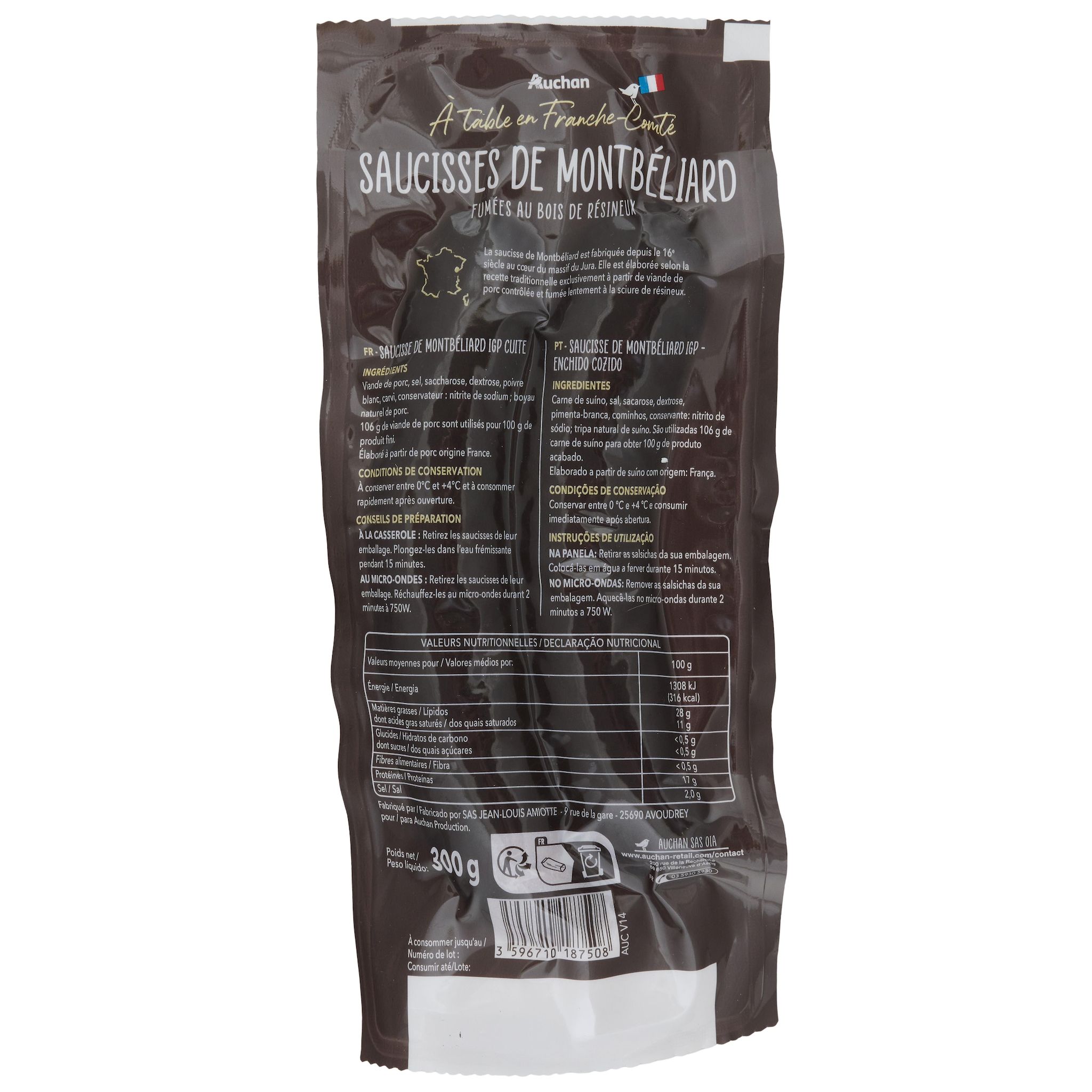 Voir la diapositive 3 : AUCHAN TERROIR Saucisses de Montbéliard IGP 2 pièces 300g
