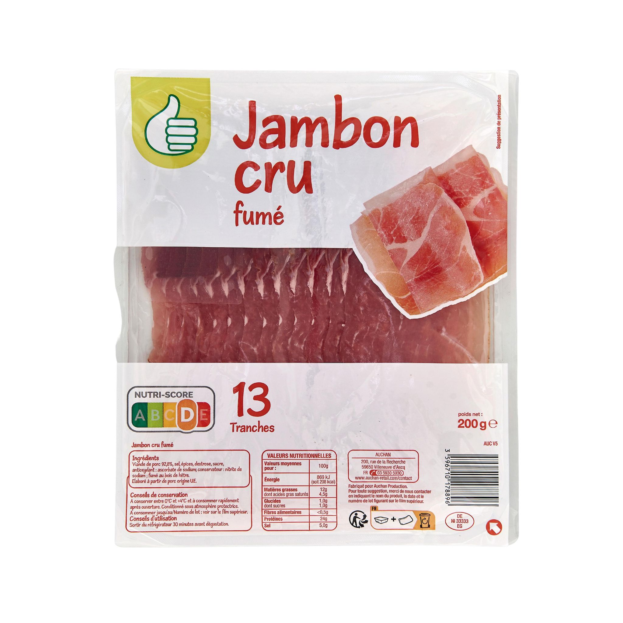 Voir la diapositive 2 : POUCE Jambon cru fumé 13 tranches 200g