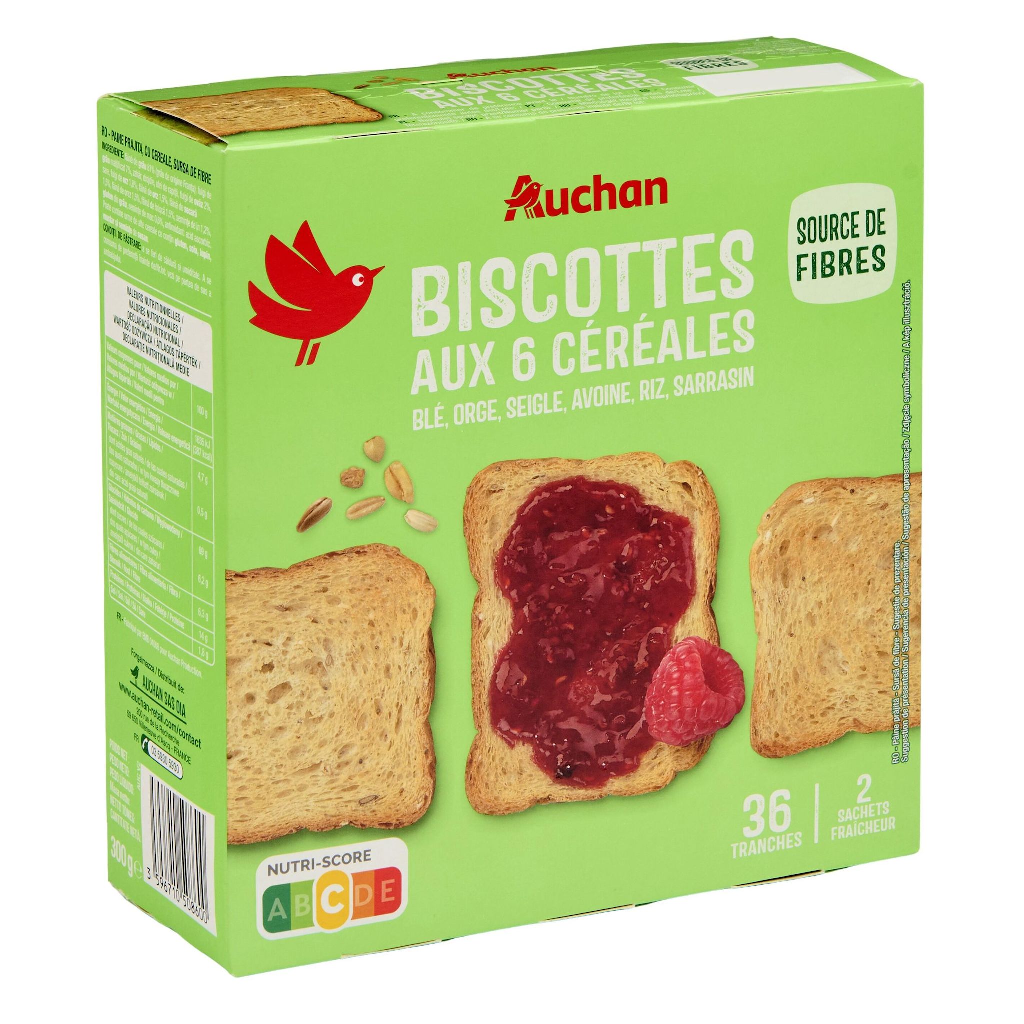 Voir la diapositive 2 : AUCHAN Biscottes aux 6 céréales sans huile de palme 2x18 biscottes 300g