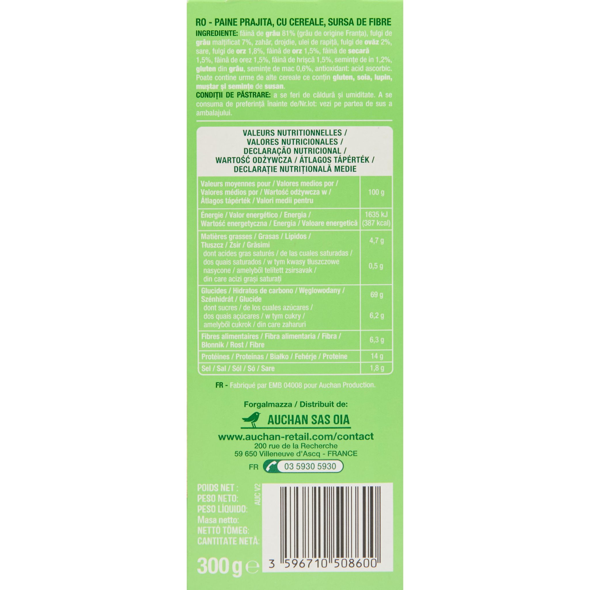 Voir la diapositive 4 : AUCHAN Biscottes aux 6 céréales sans huile de palme 2x18 biscottes 300g