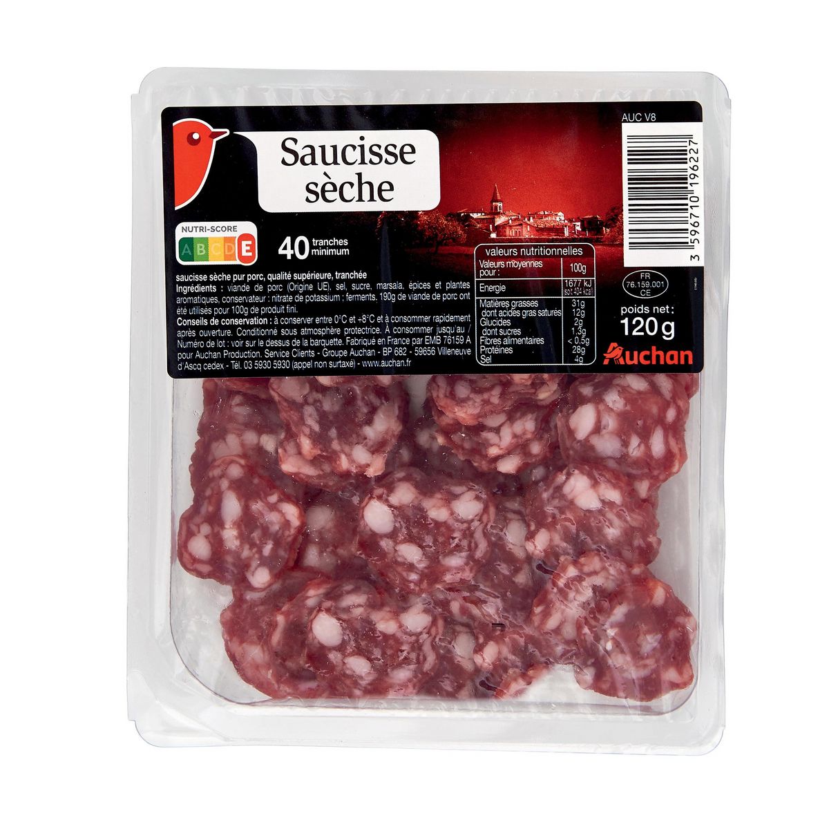 AUCHAN Saucisse sèche tranchée 40 tranches 120g