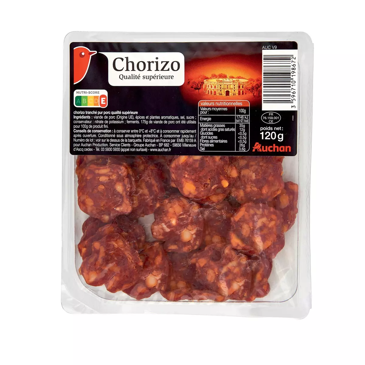 AUCHAN Chorizo pur porc tranché 120g