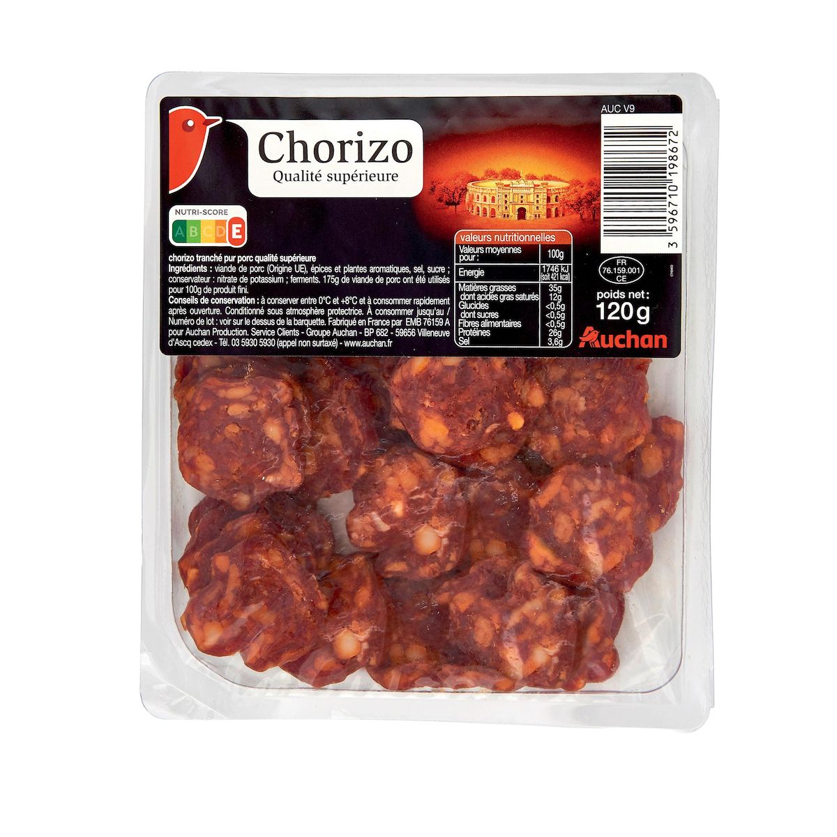 AUCHAN Chorizo pur porc tranché 120g