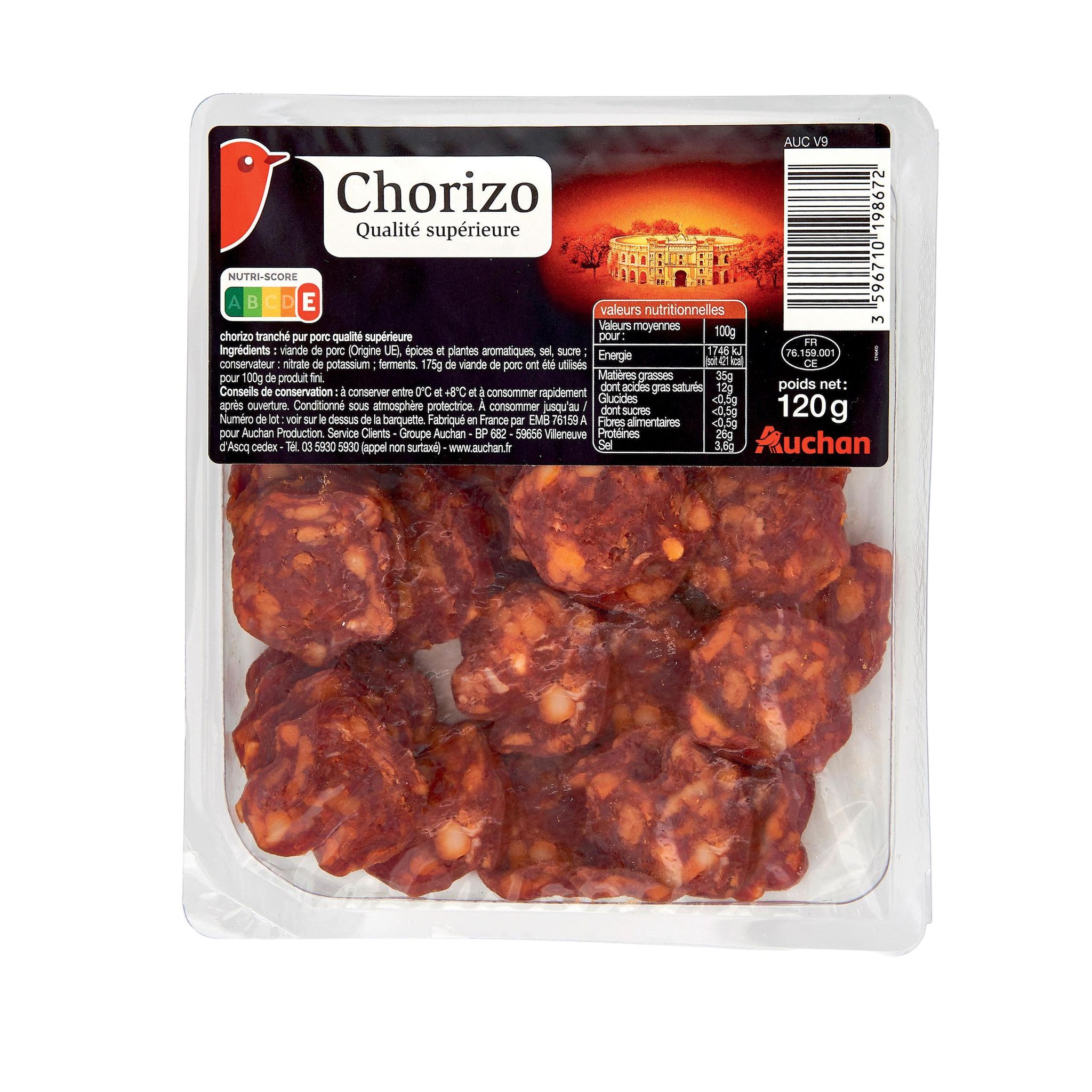 Voir la diapositive 2 : AUCHAN Chorizo pur porc tranché 120g