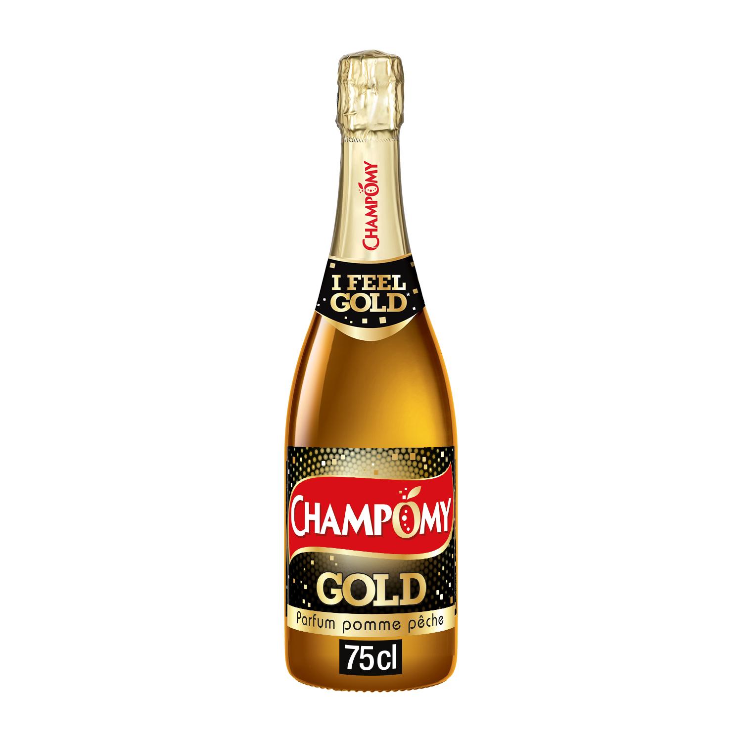 Voir la diapositive 2 : CHAMPOMY Gold jus pétillant de pomme et de pêche à base de concentré 75cl