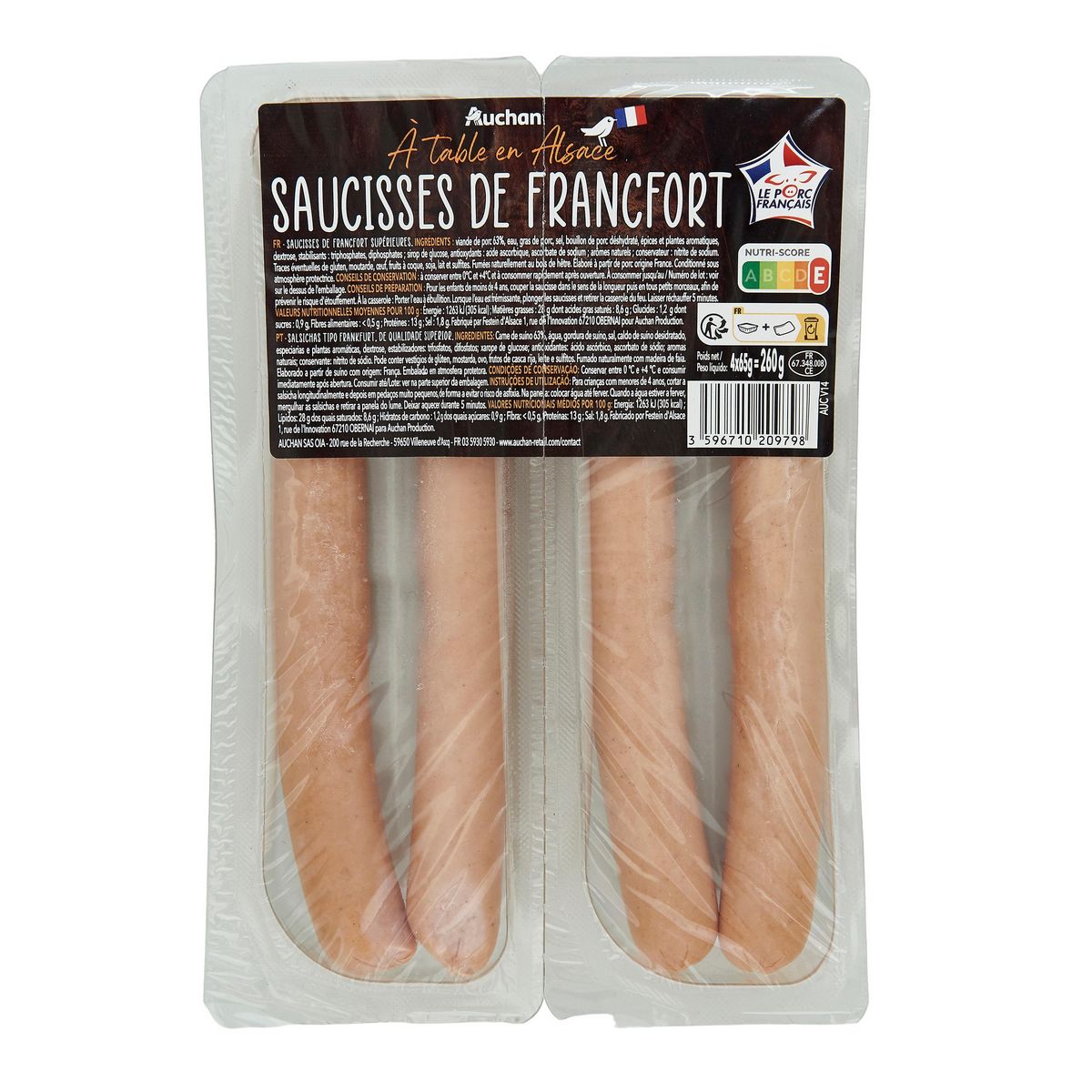 AUCHAN TERROIR Saucisses de Francfort 4 pièces 4x65g