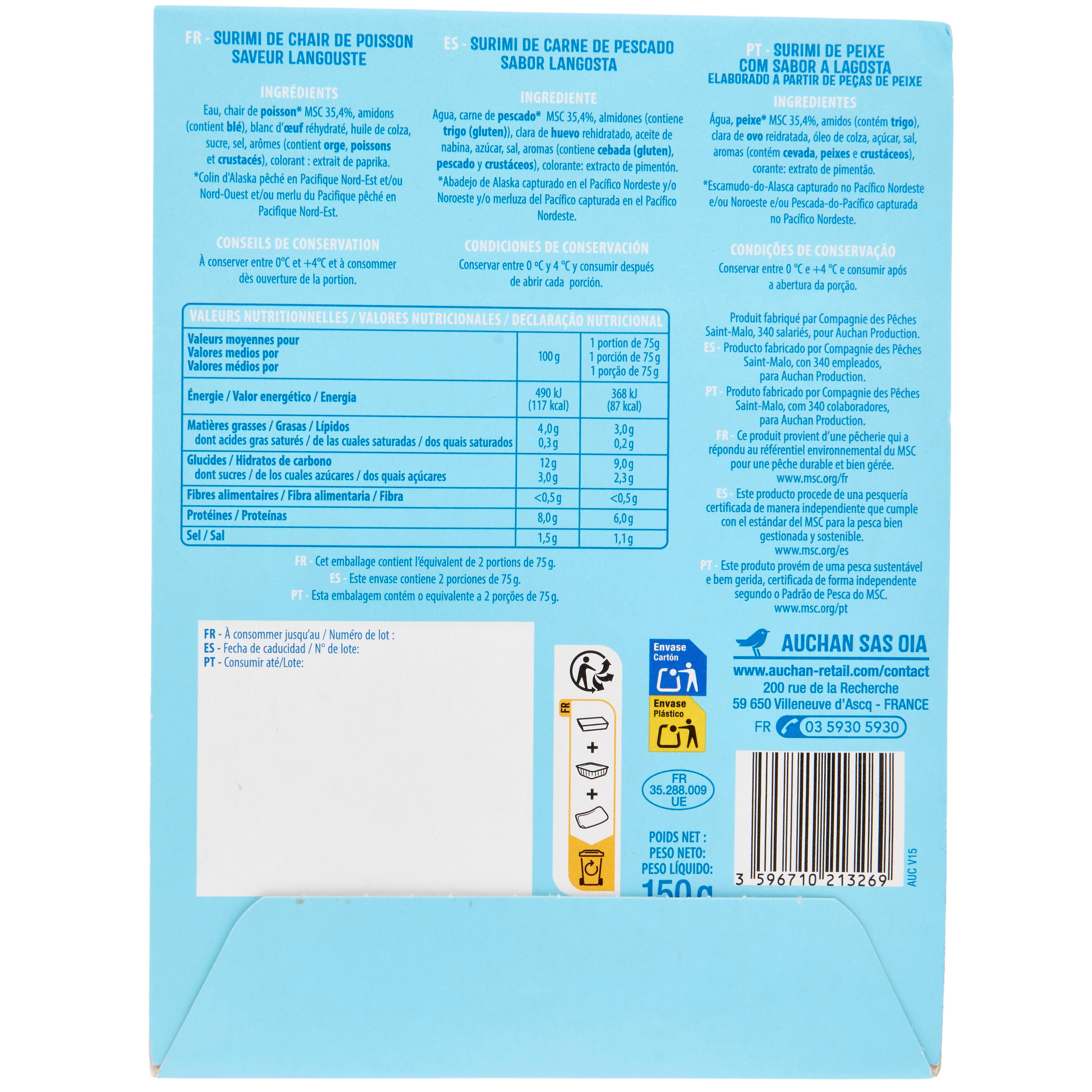 Voir la diapositive 2 : AUCHAN Délice surimi saveur langoustine MSC 2 pièces 150g