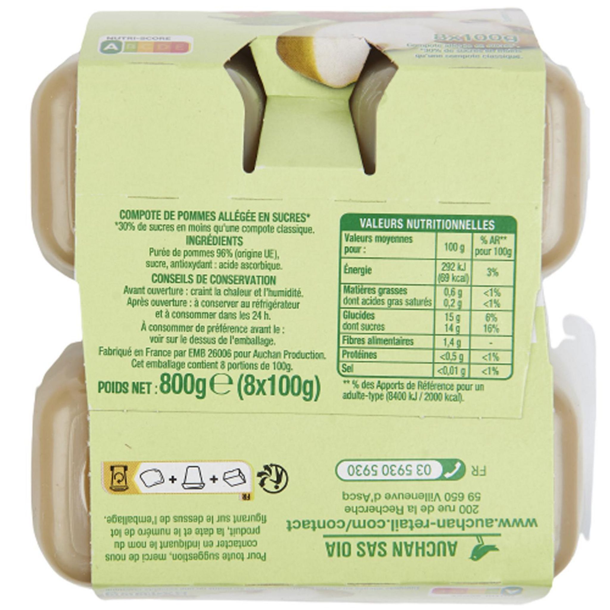 Voir la diapositive 2 : AUCHAN Coupelles pomme nature 8x100g