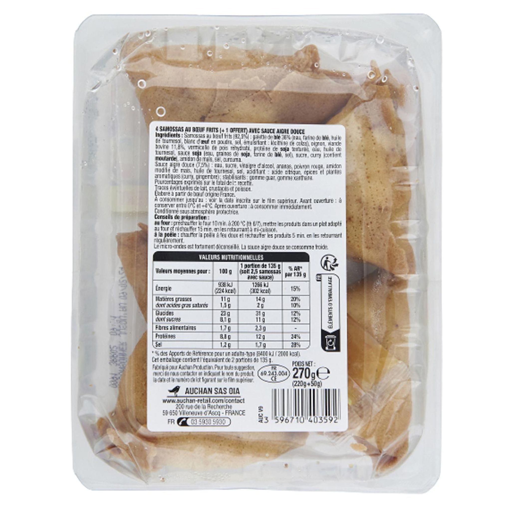 Voir la diapositive 2 : AUCHAN Samossas au boeuf sauce aigre douce 4+1 offert 270g