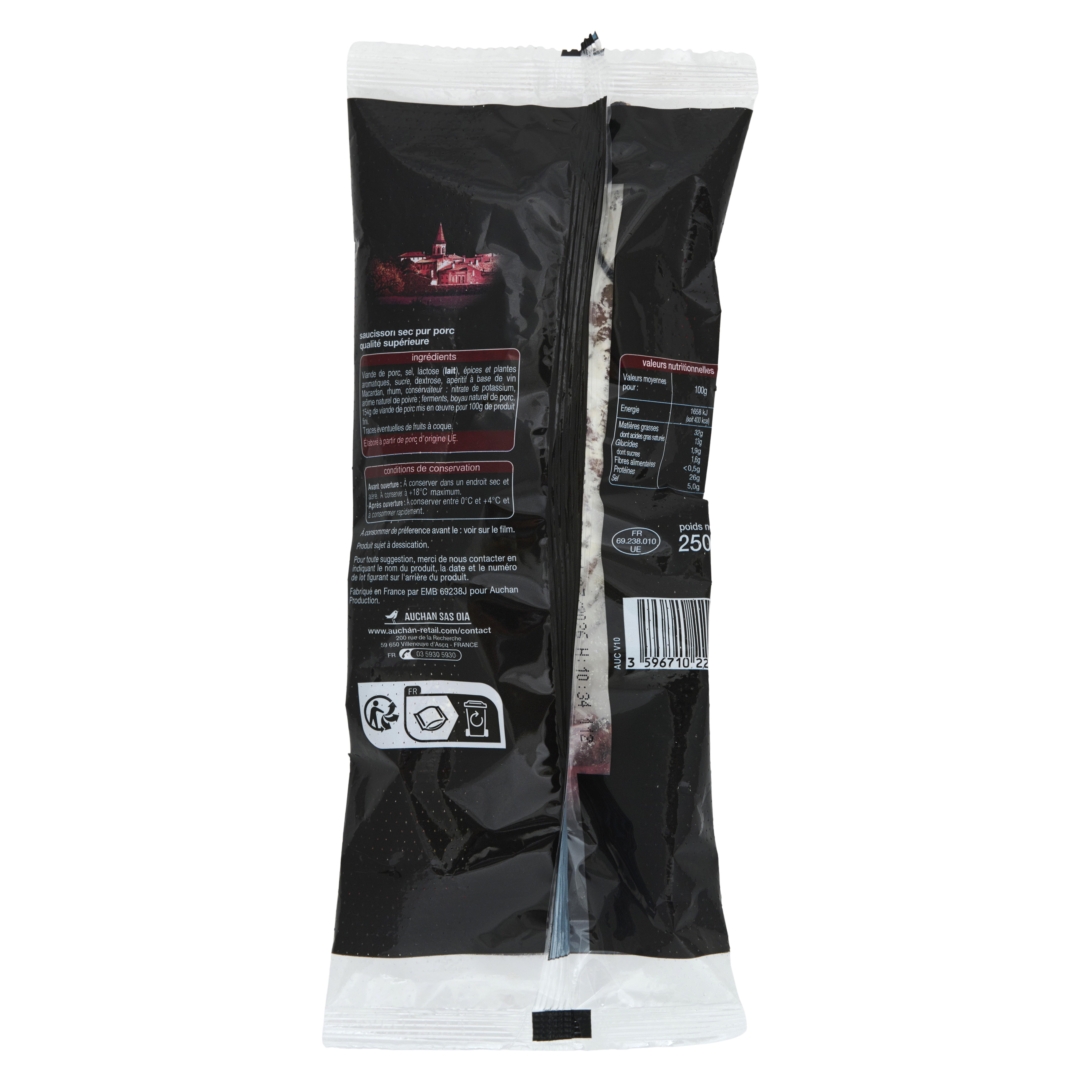 Voir la diapositive 2 : AUCHAN Saucisson sec pur Porc 250g