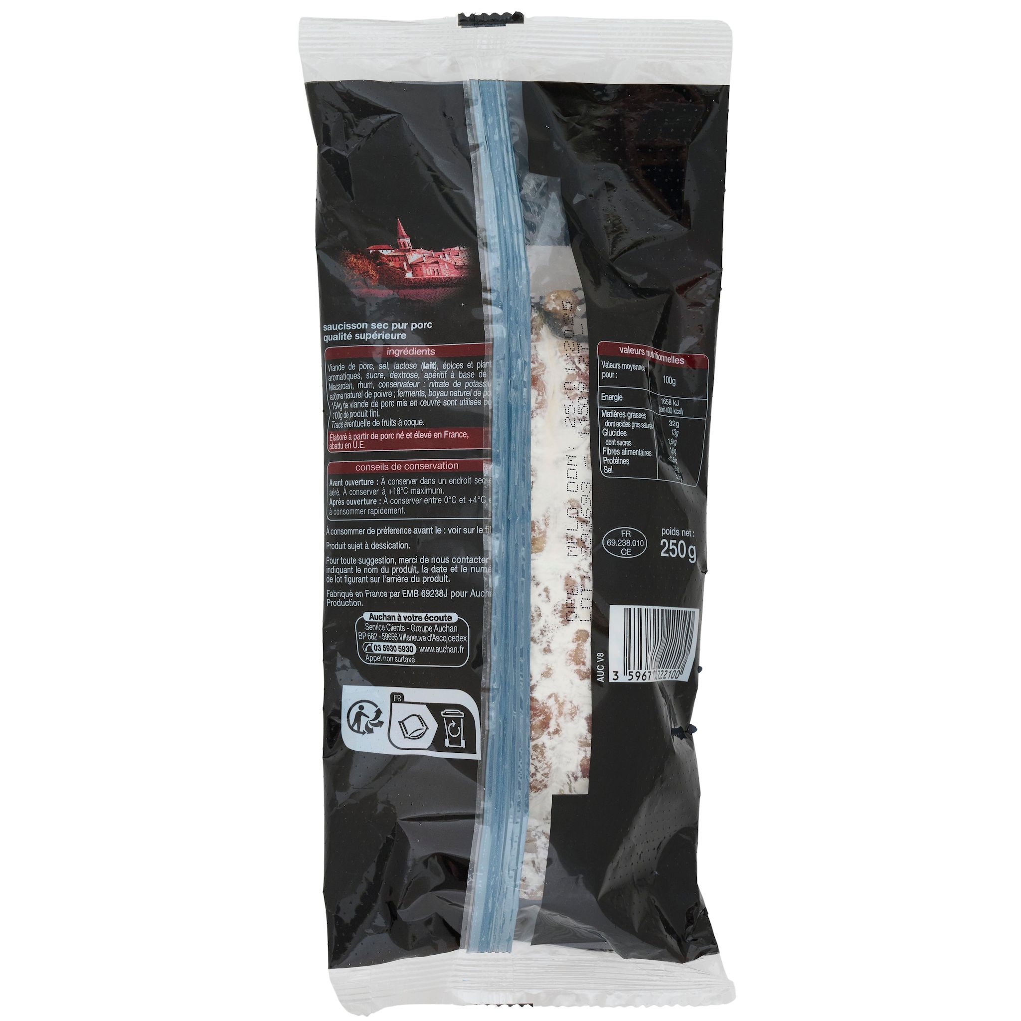 Voir la diapositive 2 : AUCHAN Saucisson sec pur Porc 250g