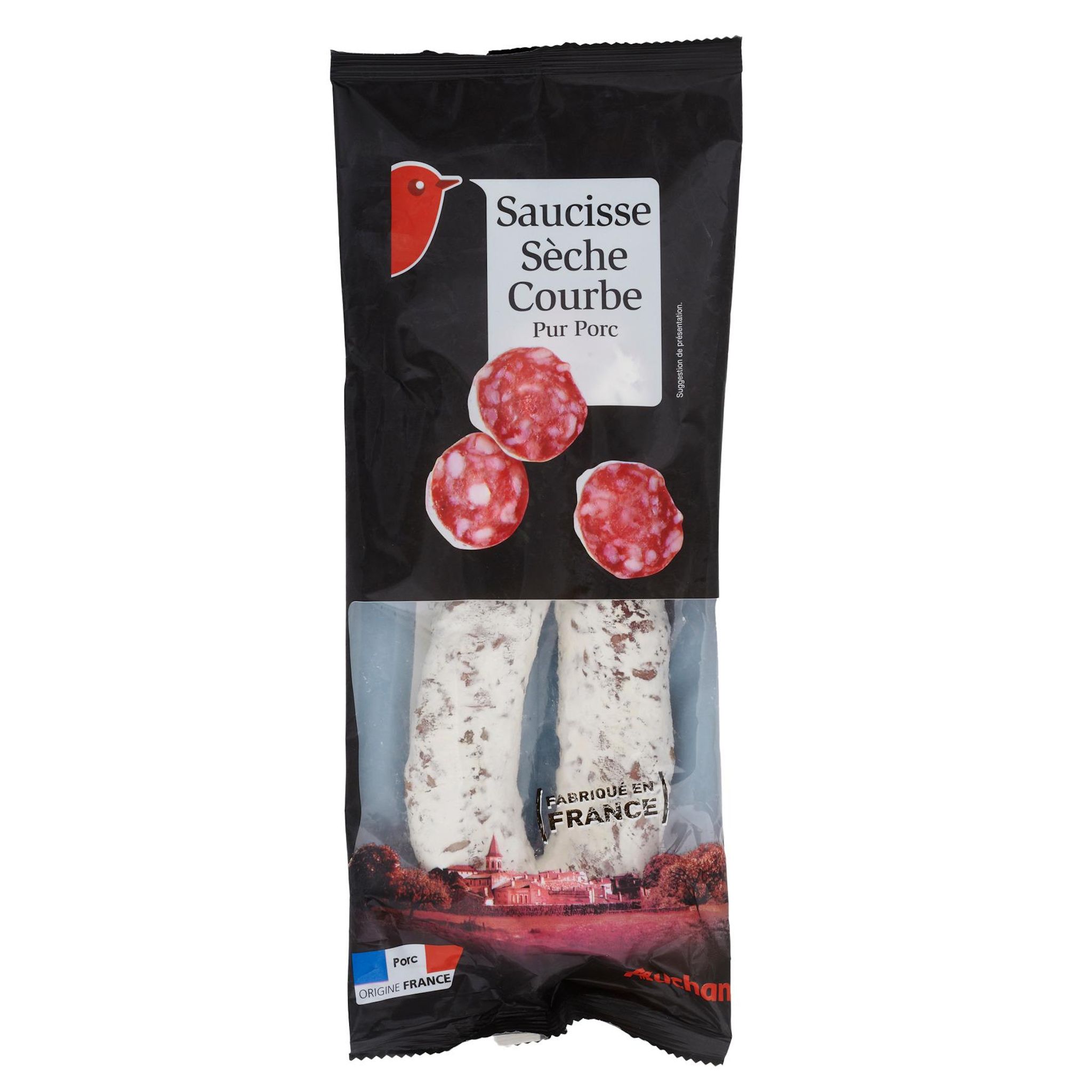 Voir la diapositive 2 : AUCHAN Saucisse sèche courbe pur porc 250g