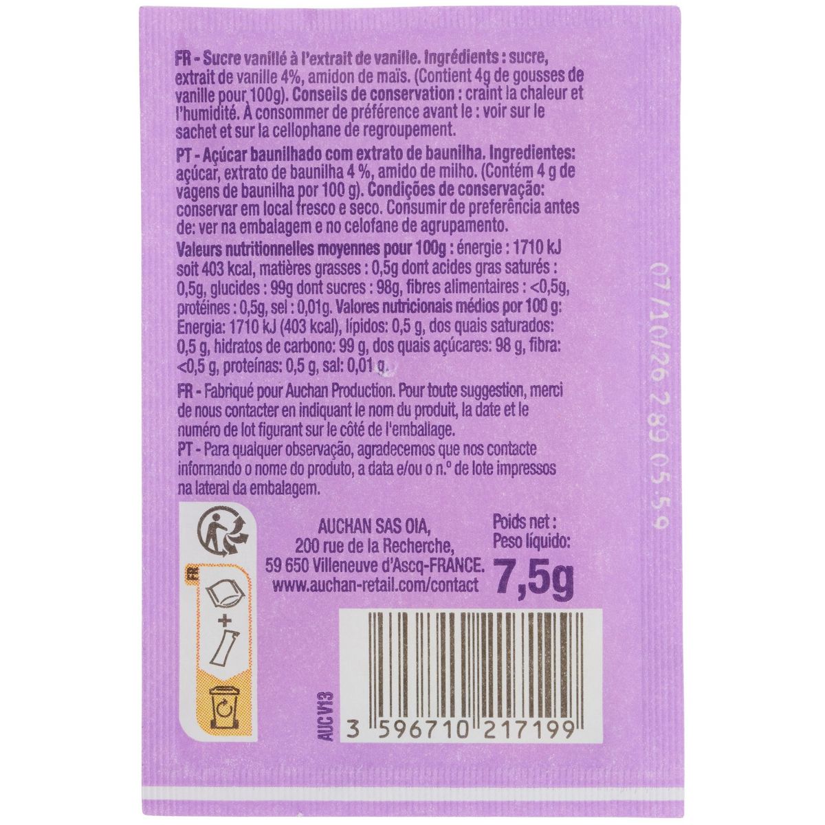 AUCHAN Sucre vanillé à l'extrait de vanille 10 sachets 10x7,5g