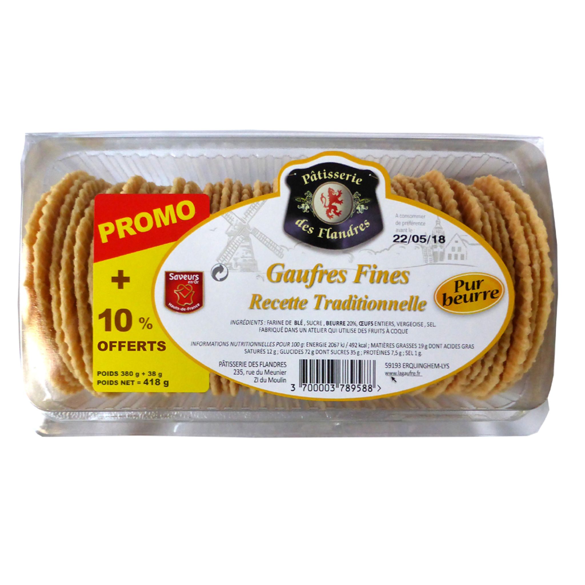 PATISSERIE DES FLANDRES Gaufres fines pur beurre + 10% offert 380 g