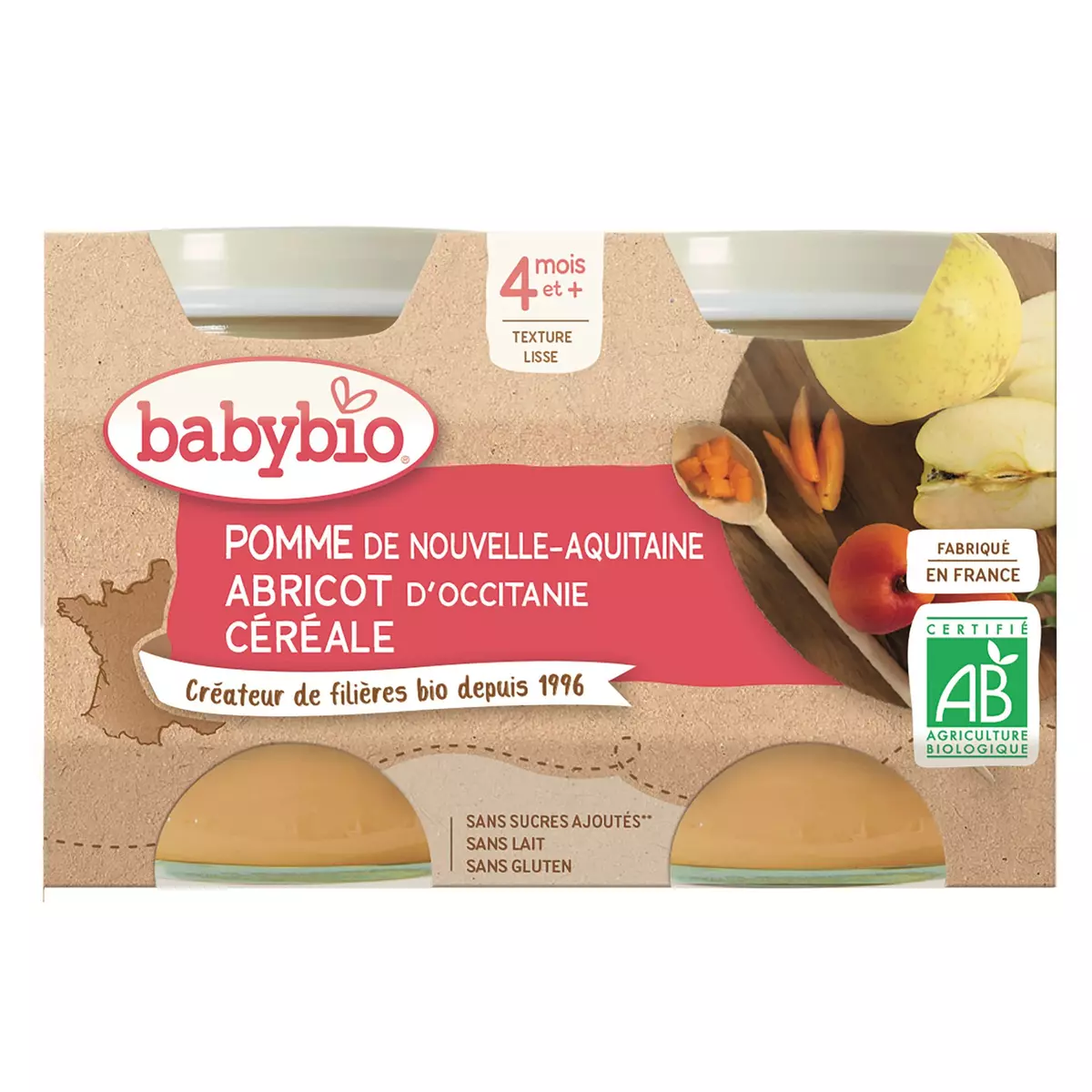 BABYBIO Petit pot dessert pomme abricot bio dès 4mois 2x130g