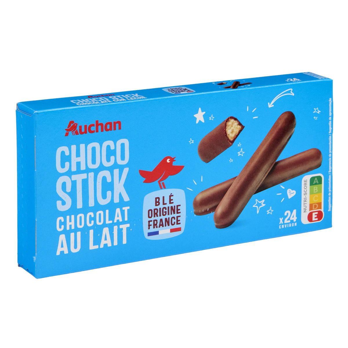 AUCHAN Bâtonnets nappés de chocolat au lait 24 biscuits 150g