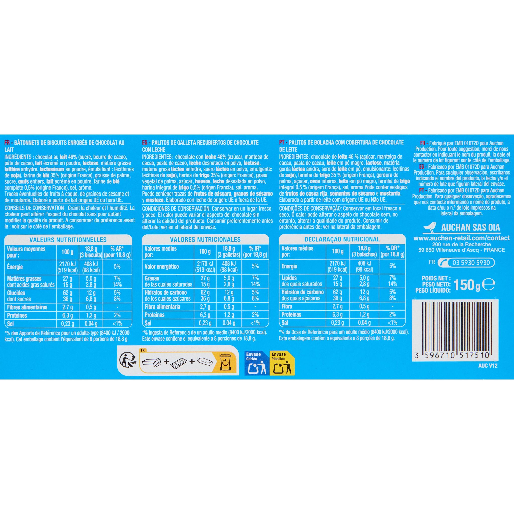 Voir la diapositive 2 : AUCHAN Bâtonnets nappés de chocolat au lait 24 biscuits 150g