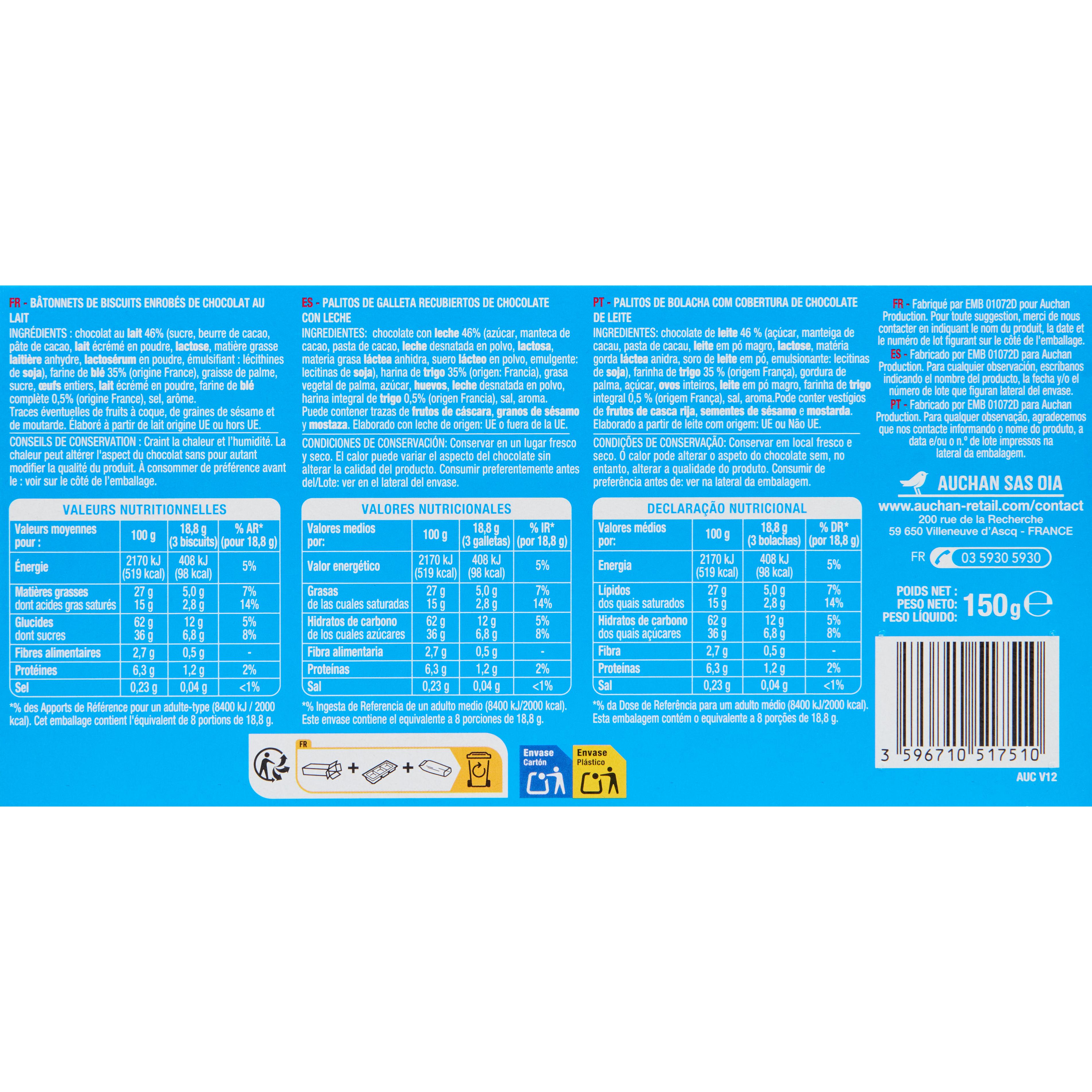 Voir la diapositive 3 : AUCHAN Bâtonnets nappés de chocolat au lait 24 biscuits 150g