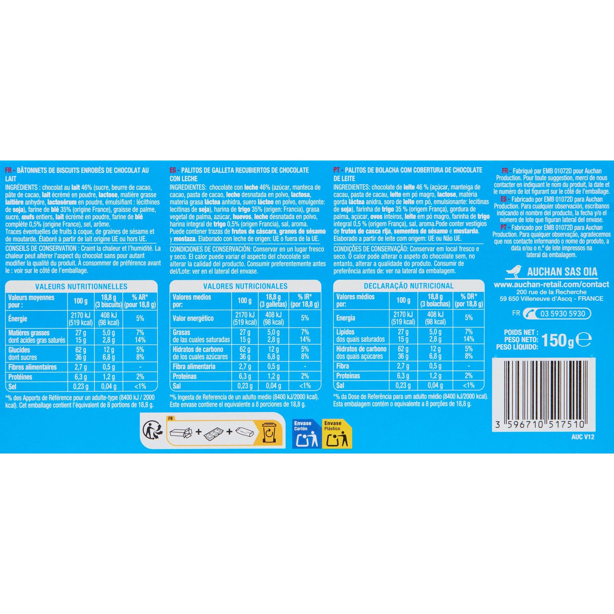 Voir la diapositive 5 : AUCHAN Bâtonnets nappés de chocolat au lait 24 biscuits 150g