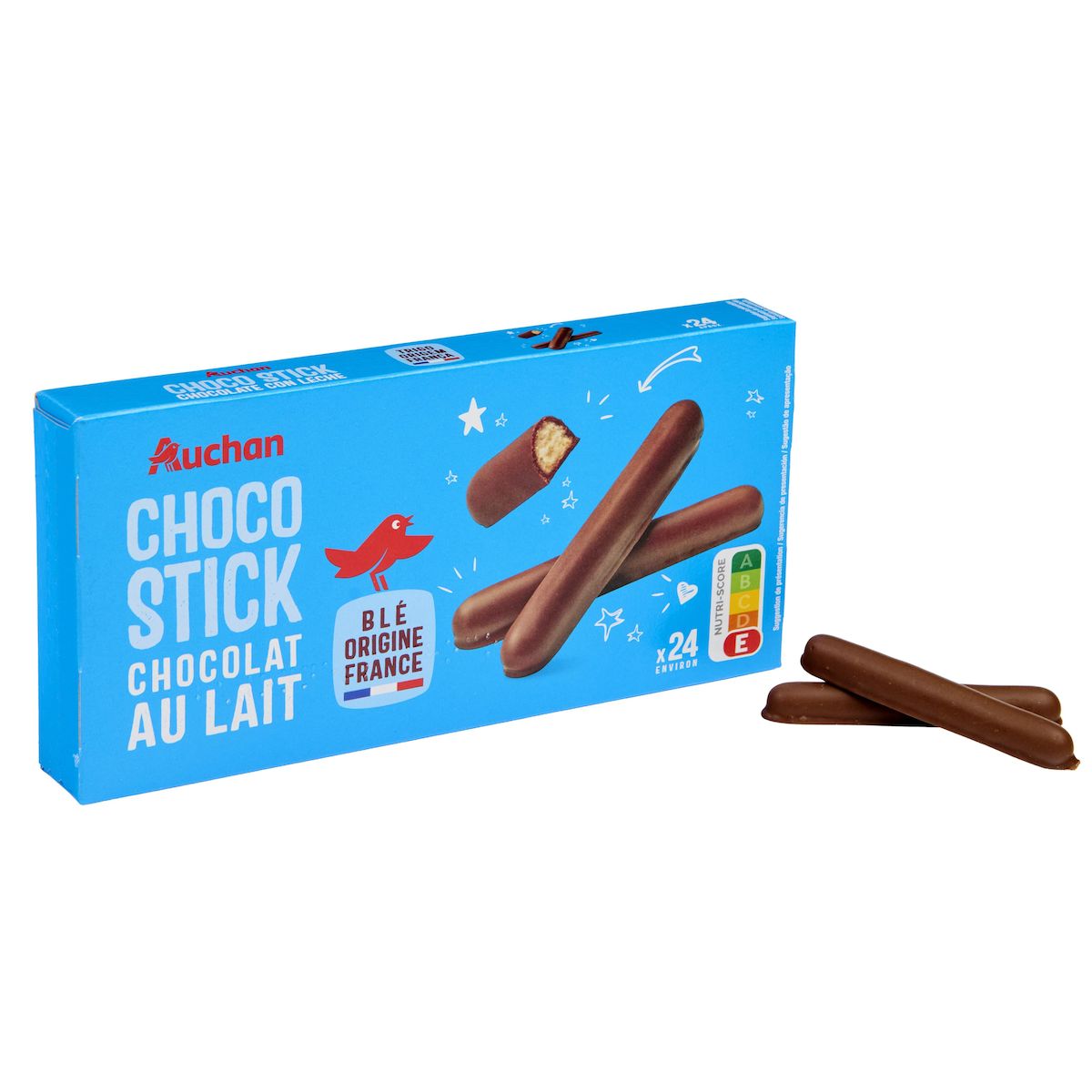 AUCHAN Bâtonnets nappés de chocolat au lait 24 biscuits 150g
