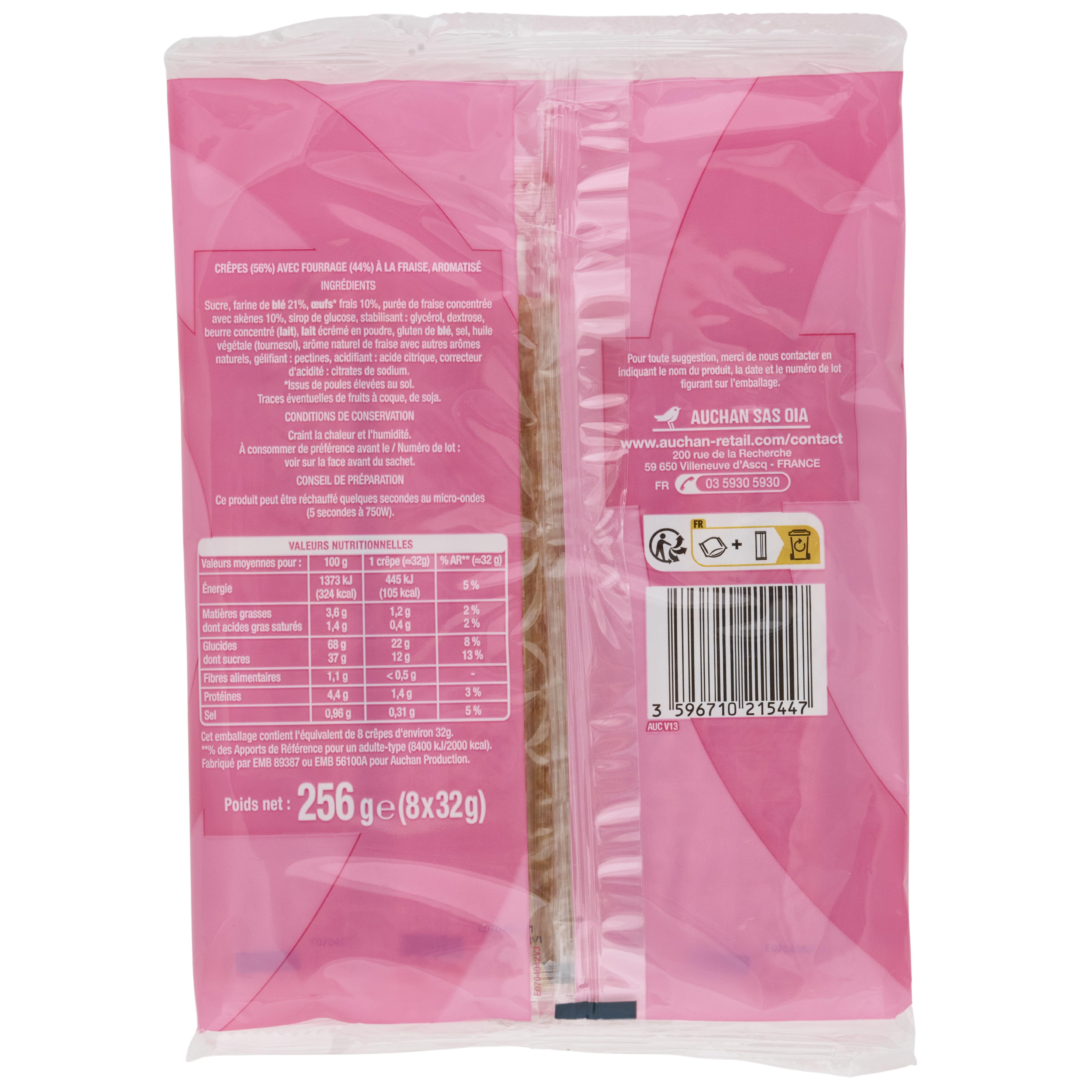 Voir la diapositive 2 : AUCHAN Crêpes fourrées saveur fraise sachets individuels 8 crêpes 256g