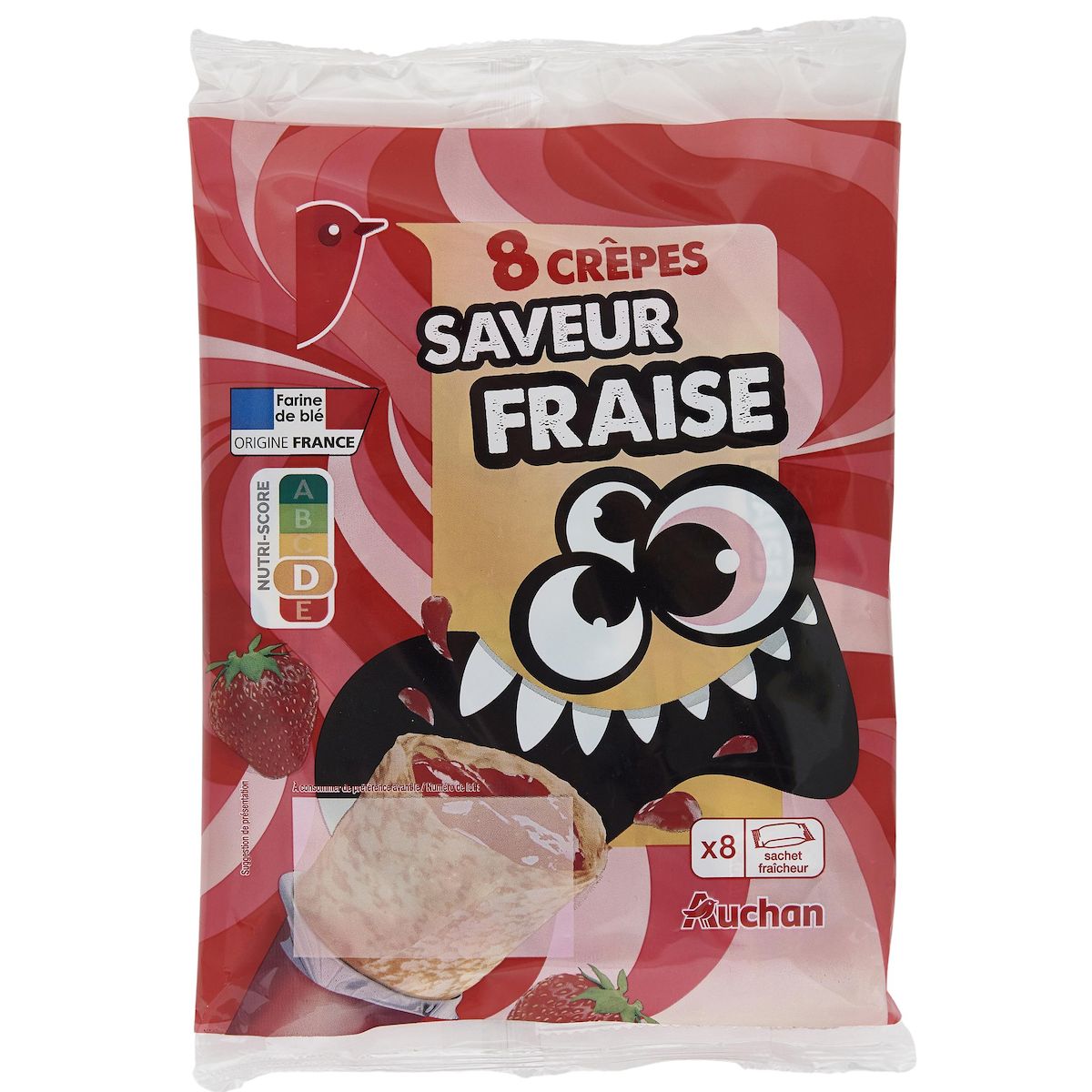 AUCHAN Crêpes fourrées saveur fraise sachets individuels 8 crêpes 256g