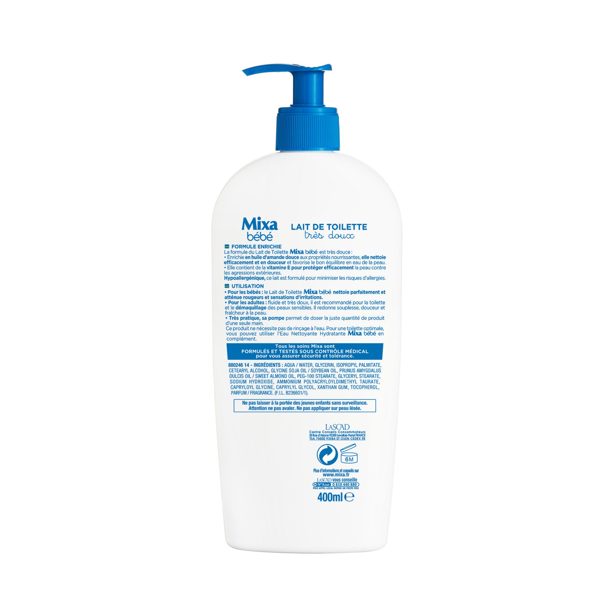 Voir la diapositive 2 : MIXA BEBE Lait de toilette très doux hypoallergénique 400ml